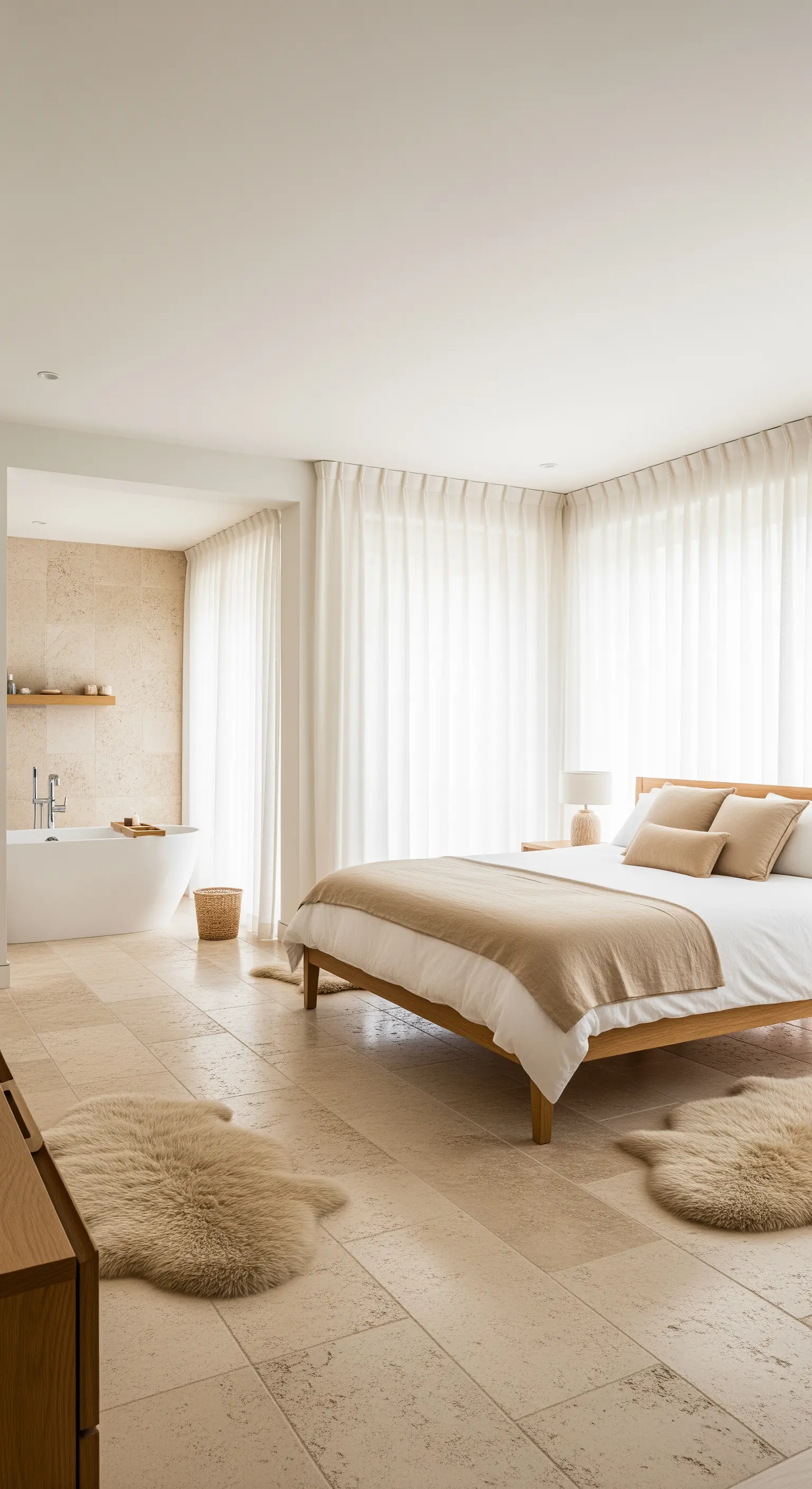 Offenes Schlafzimmer mit Travertinboden, der nahtlos in ein Badezimmer übergeht.