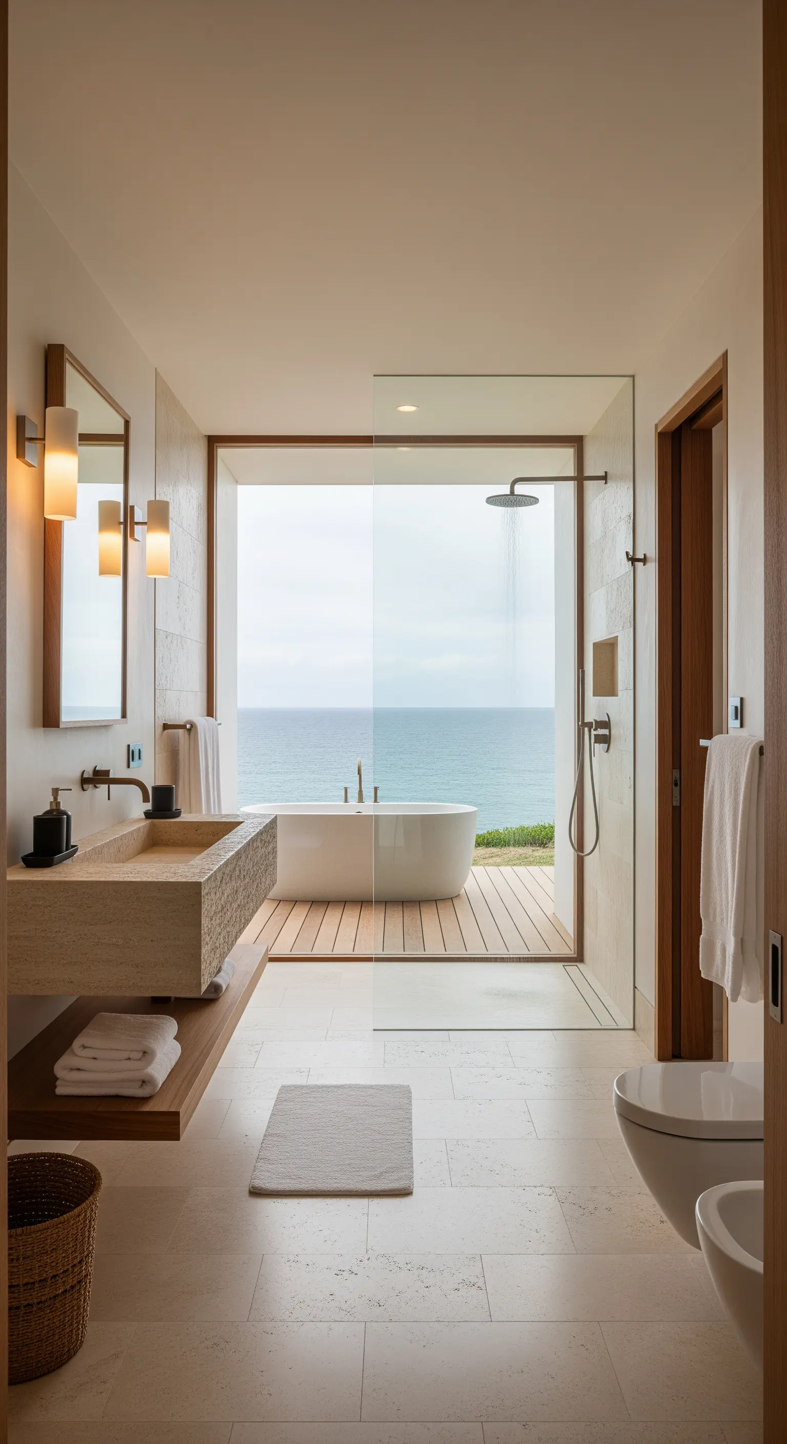 Badezimmer mit Glaswand und direktem Blick auf das Meer und einen Holzsteg