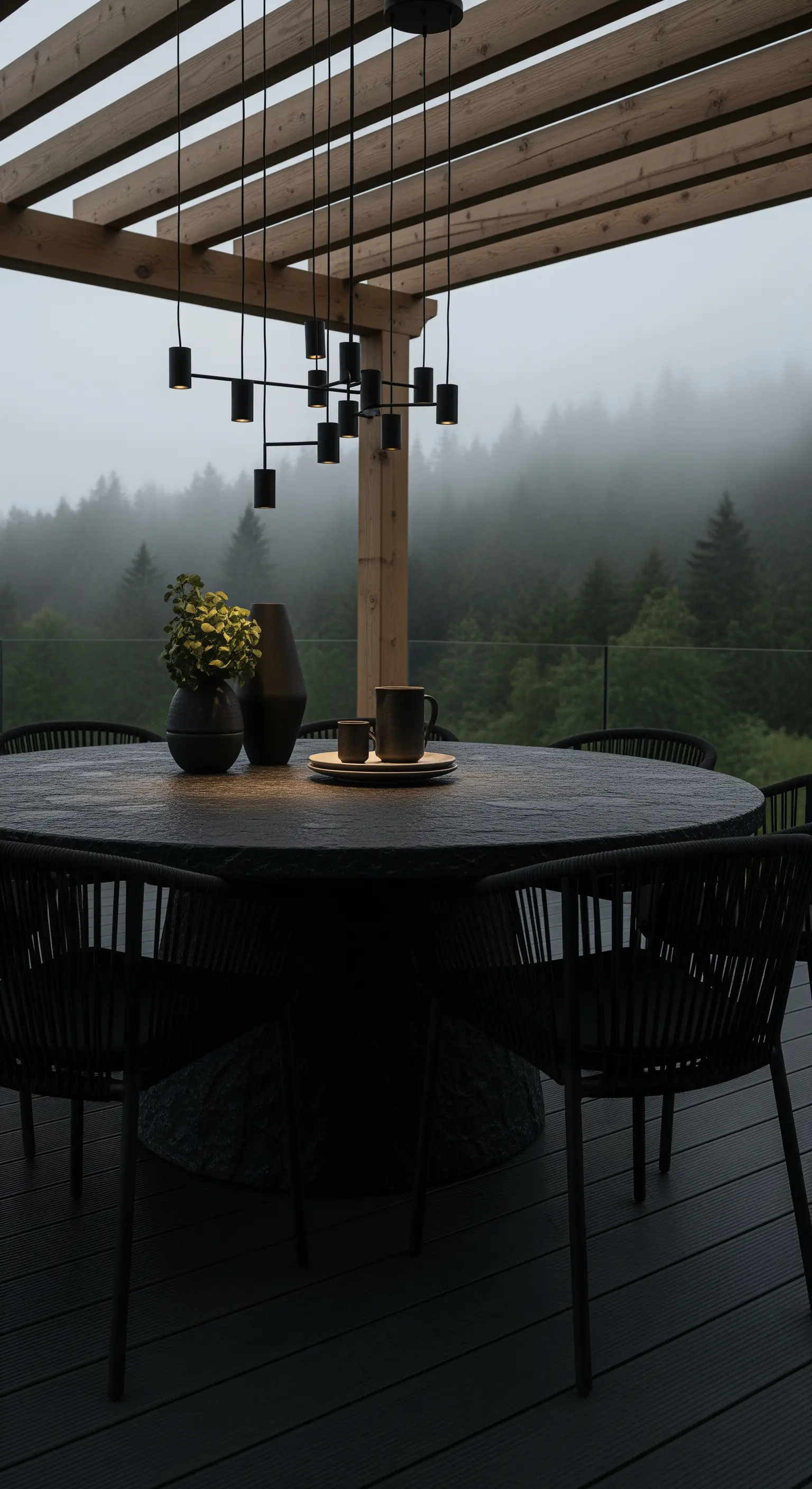 Runder Steintisch auf einer Terrasse mit moderner Lampe und Waldblick.