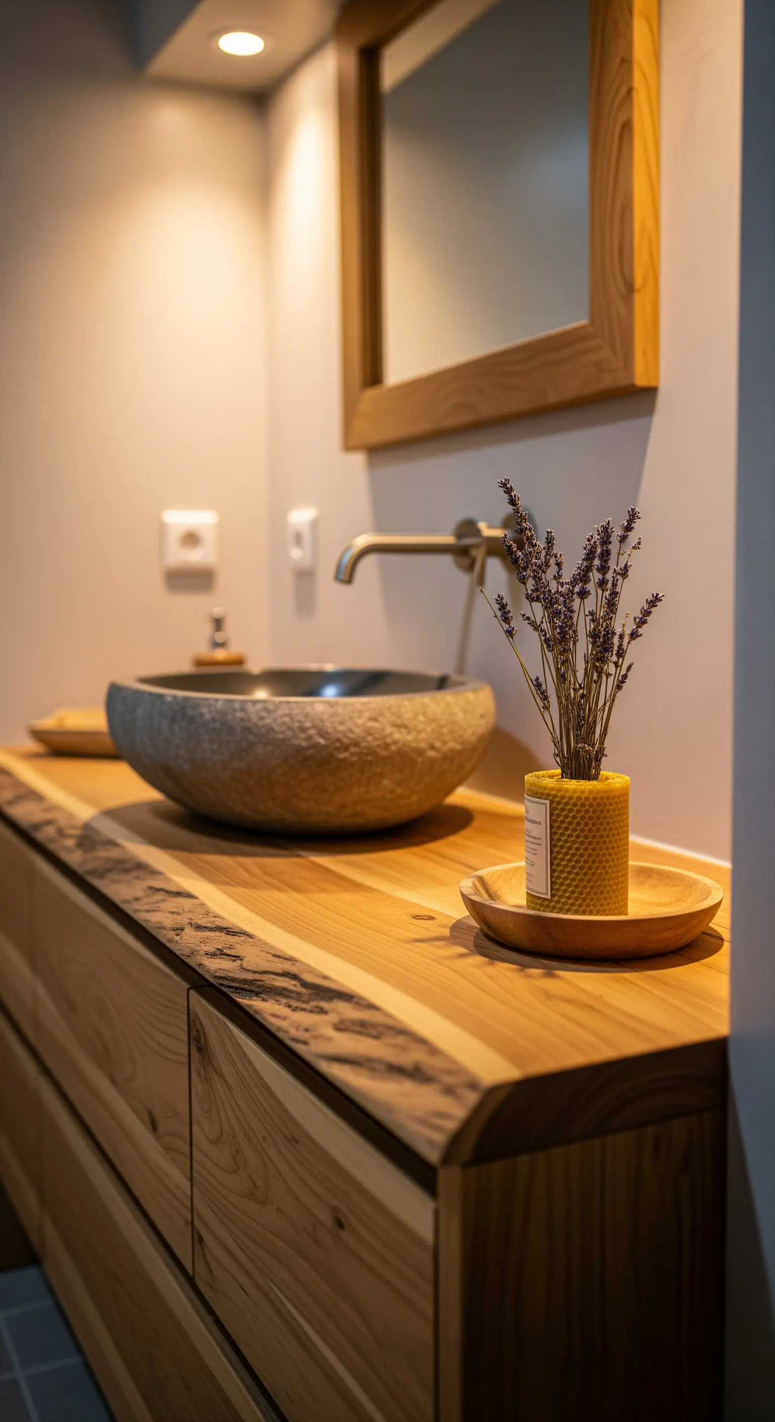 Badezimmer, Holzwaschtisch, Steinsink, Lavendel, Wabenkerze