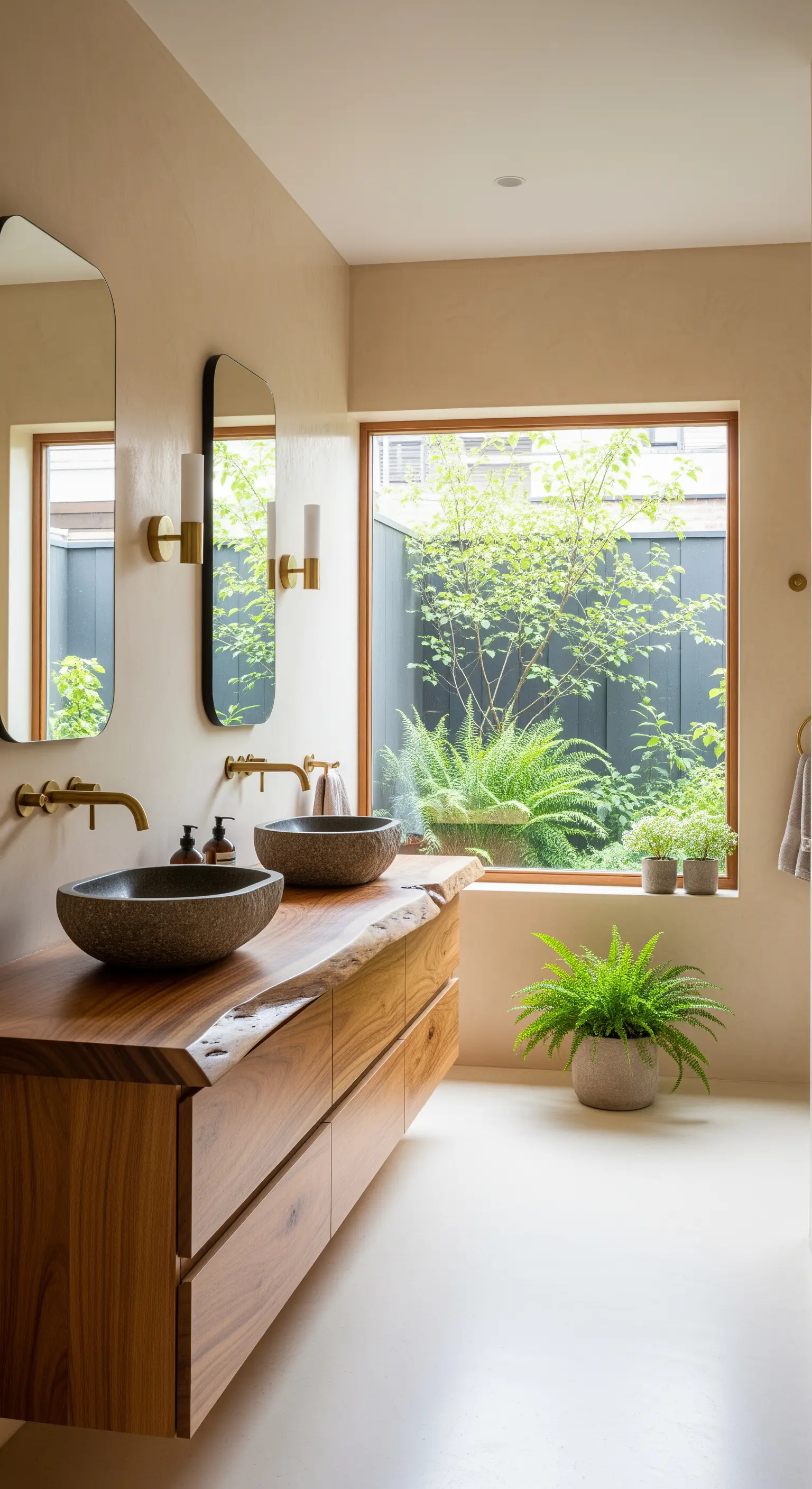 Waschtisch aus Massivholz mit Naturstein-Waschbecken vor einem Fenster mit Blick in einen grünen Hof.