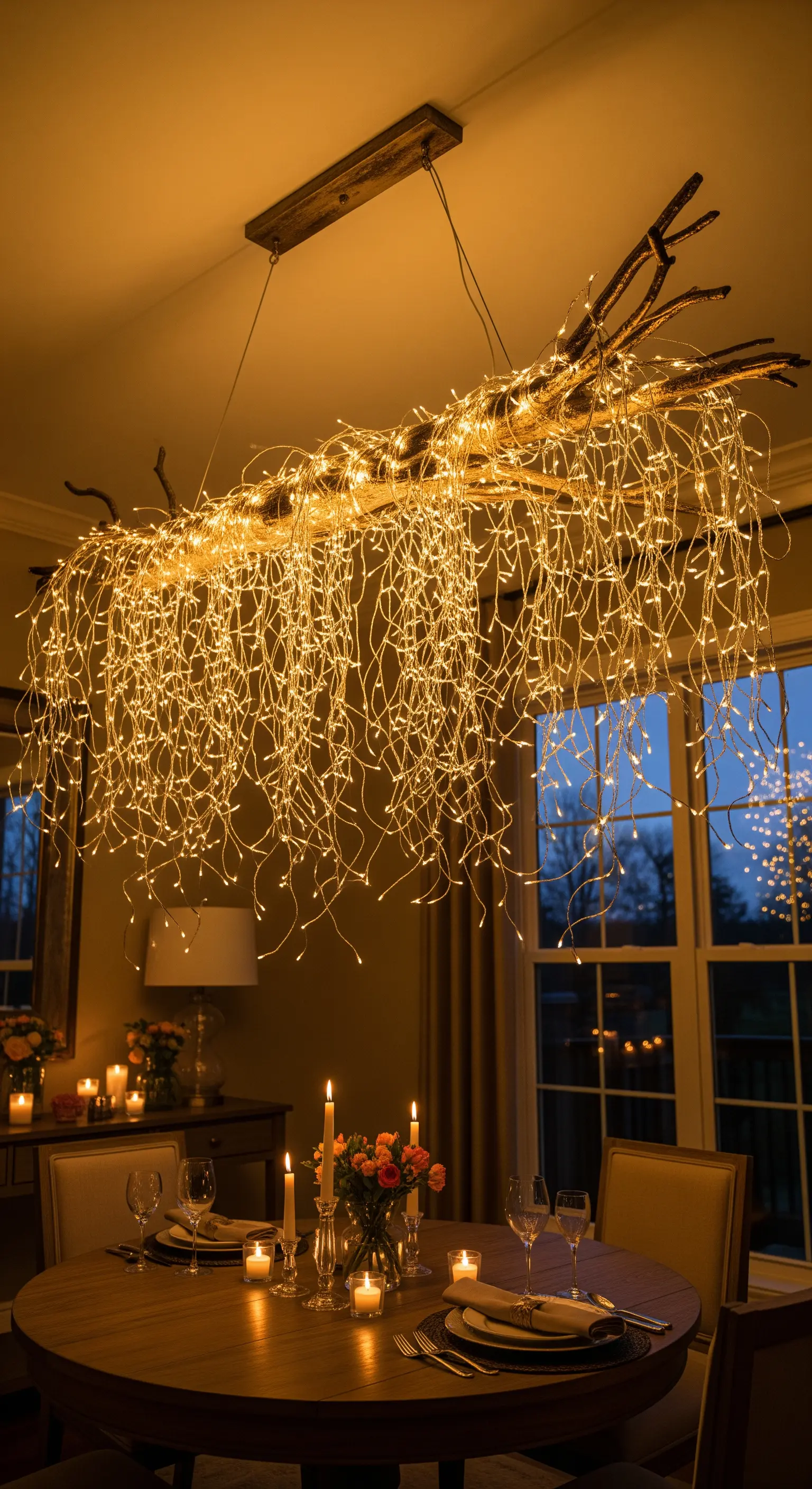Ein großer Ast, der als Kronleuchter mit unzähligen herabhängenden Lichterketten dient.
