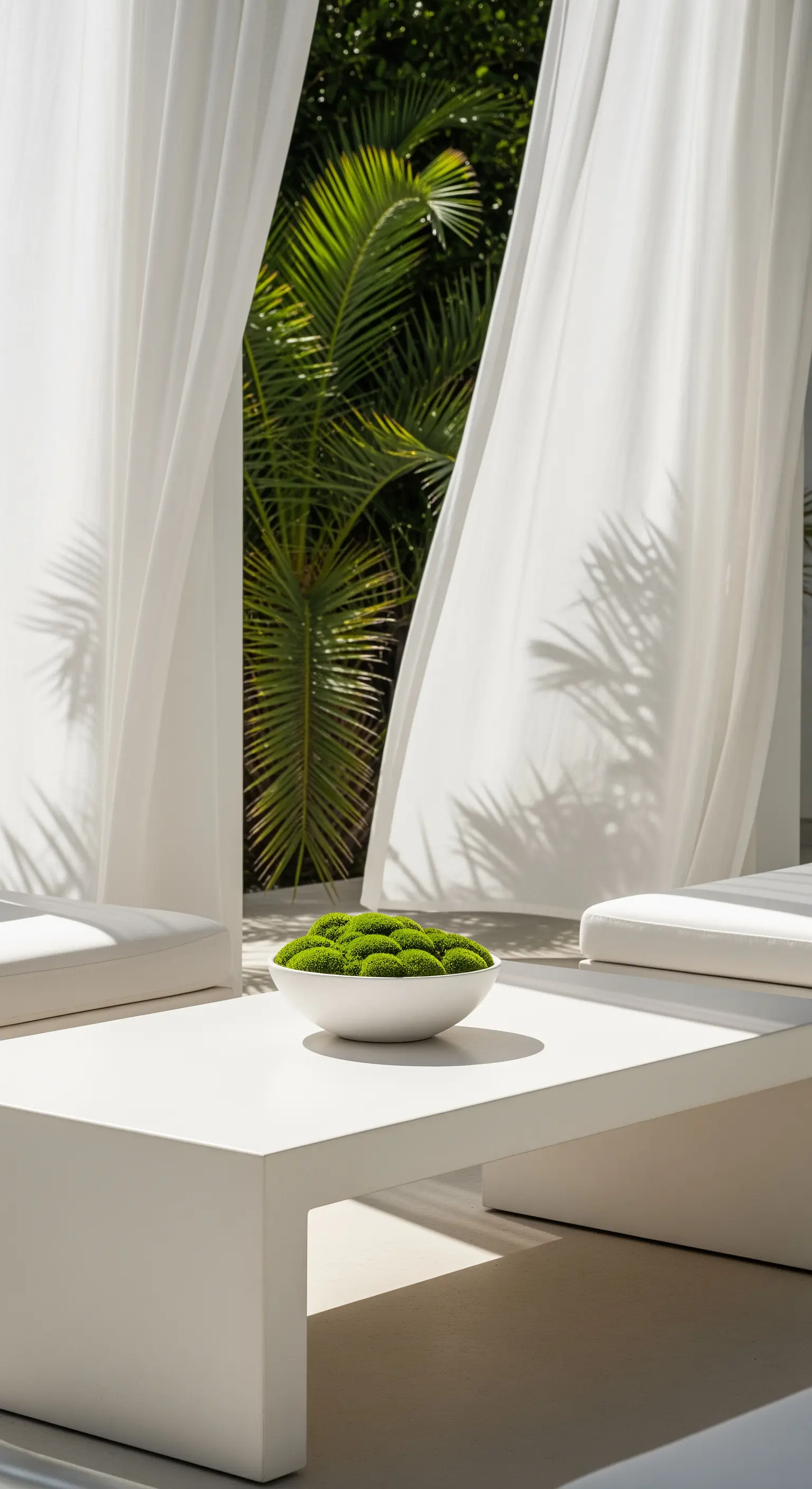 Weißer Couchtisch mit Moosbällen und weißen Vorhängen