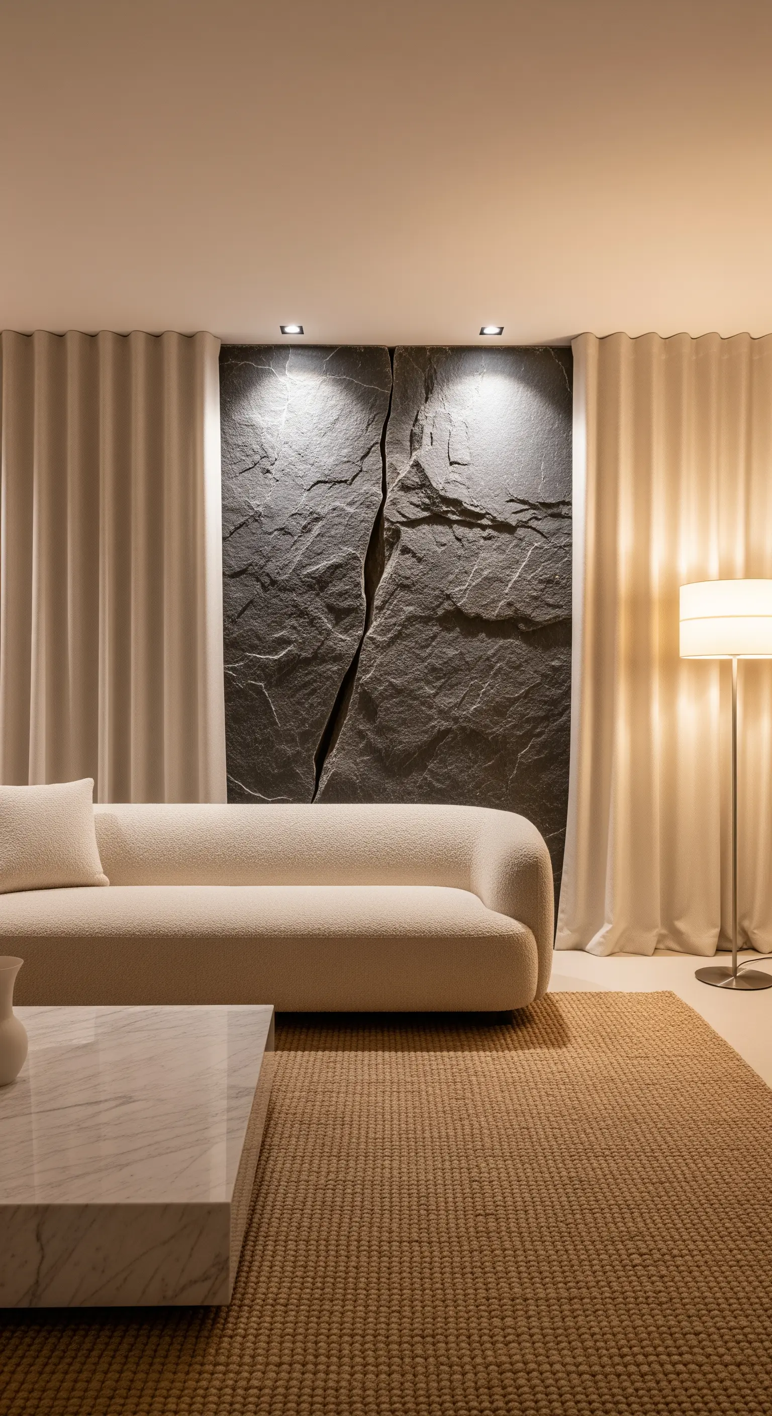 Minimalistisches Wohnzimmer mit Steinwand, cremefarbenen Vorhängen und Bouclé-Sofa.