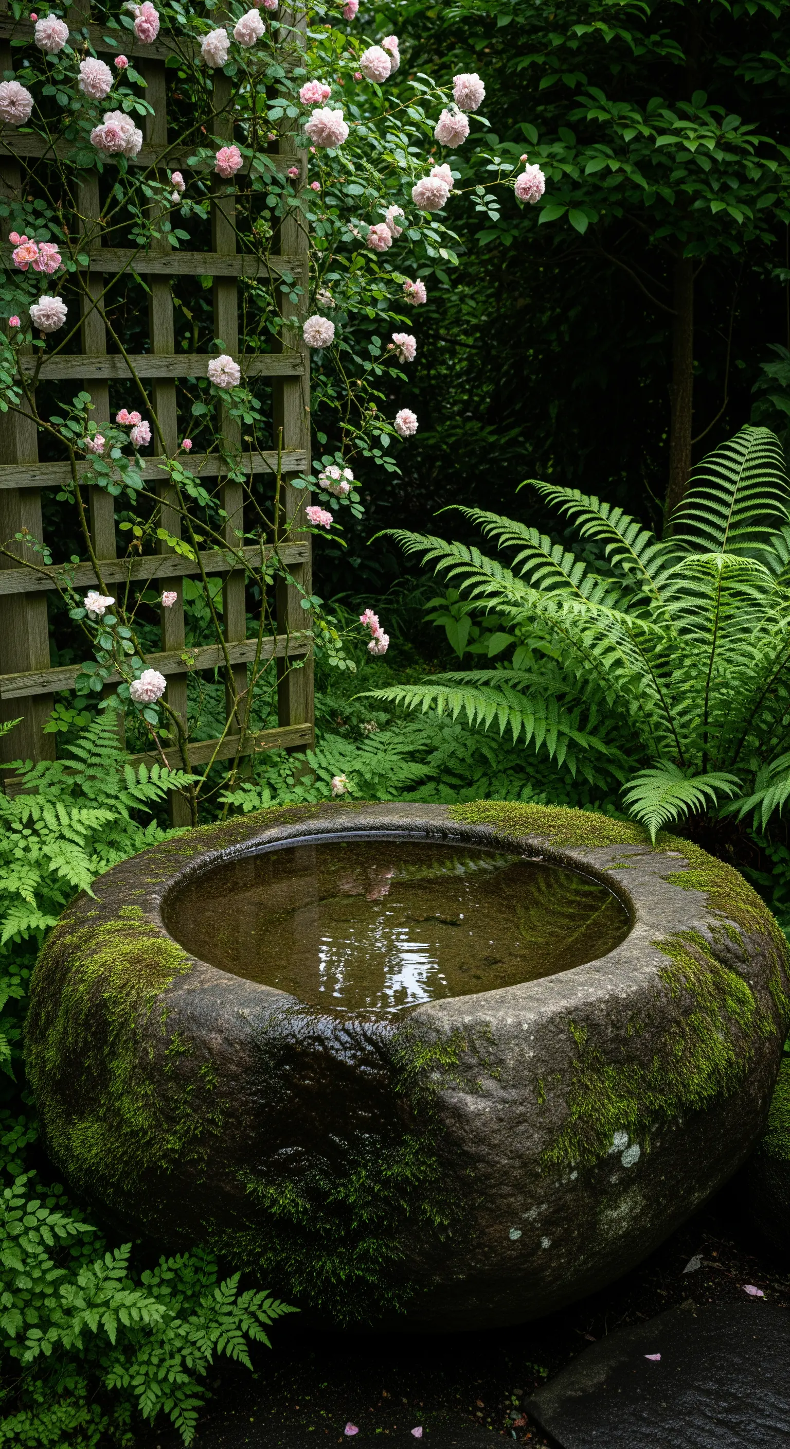 Moosbewachsener Stein als Vogeltränke inmitten üppiger Farne und Efeu