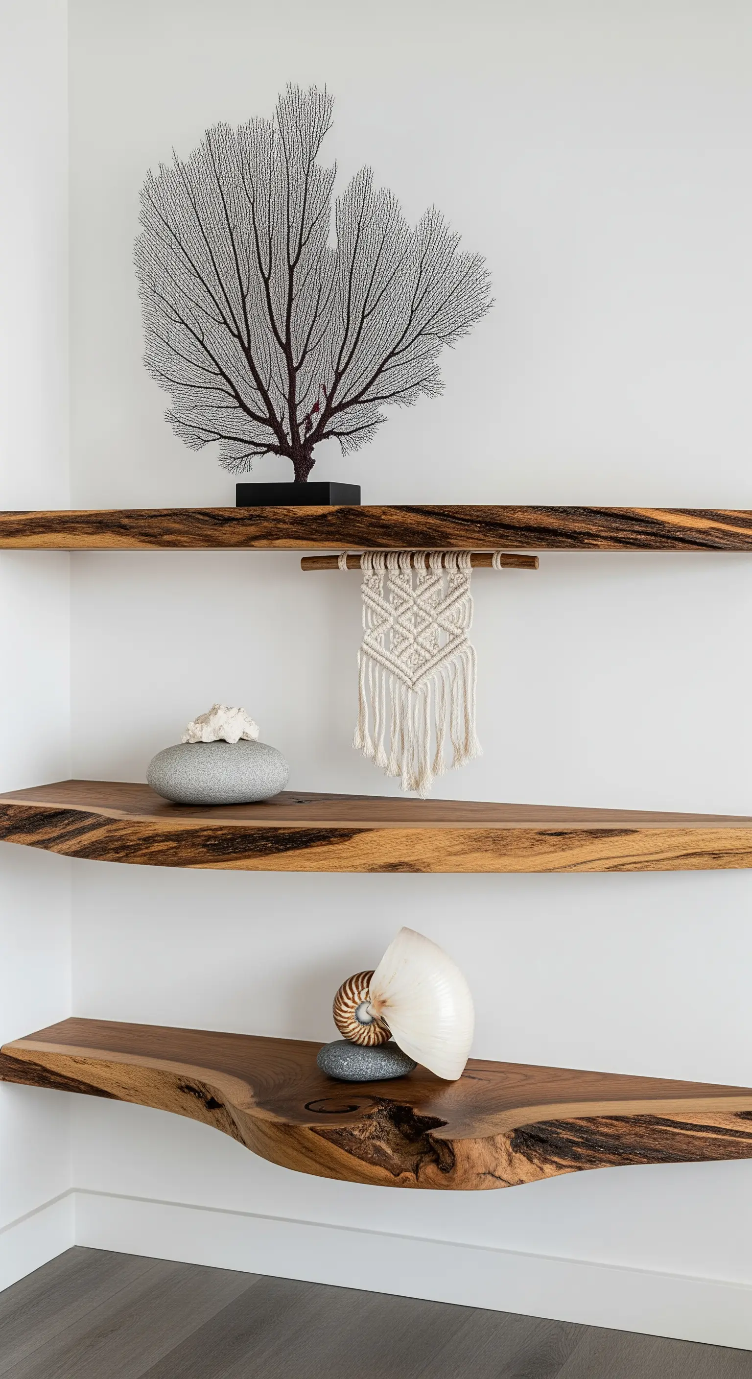 Schwebende Massivholzregale mit Fächerkoralle, Nautilusmuschel und Makramee.