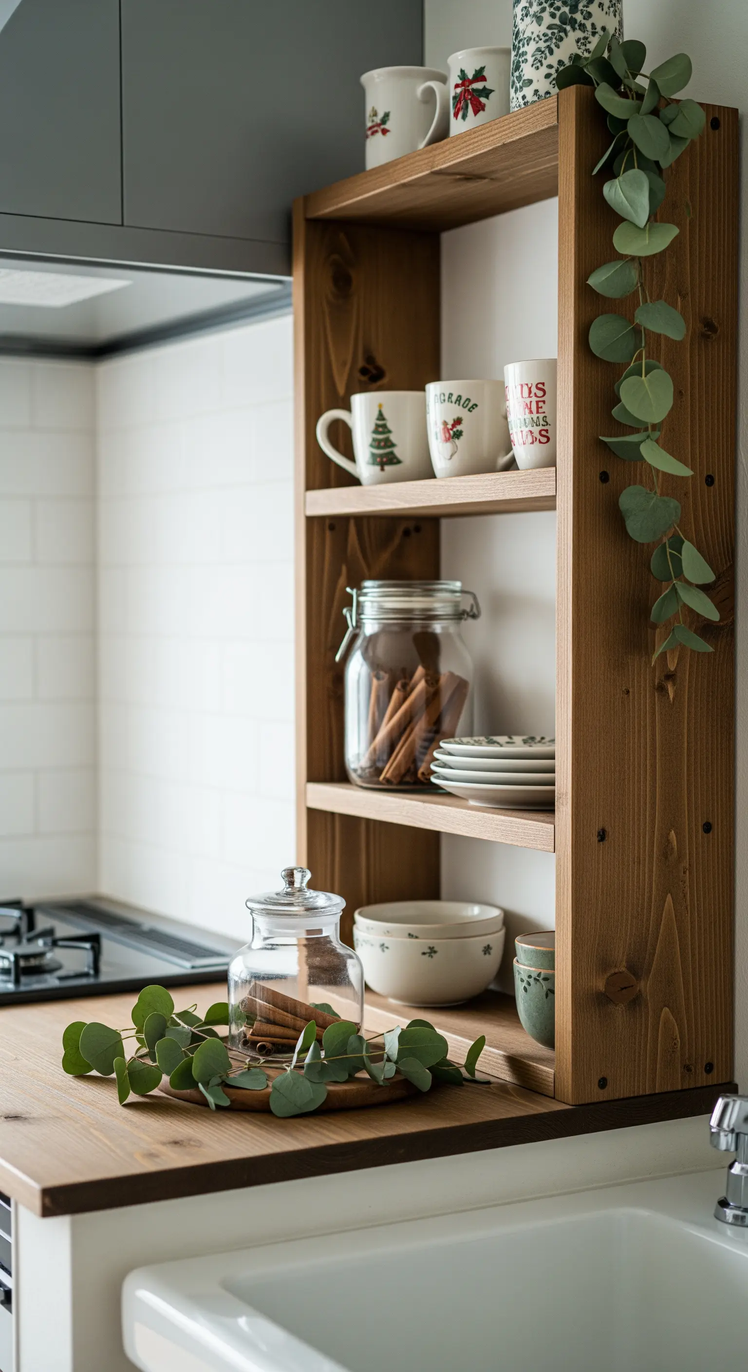 Küchenregal mit Weihnachtsbechern, Zimtstangen und Eukalyptuszweigen.