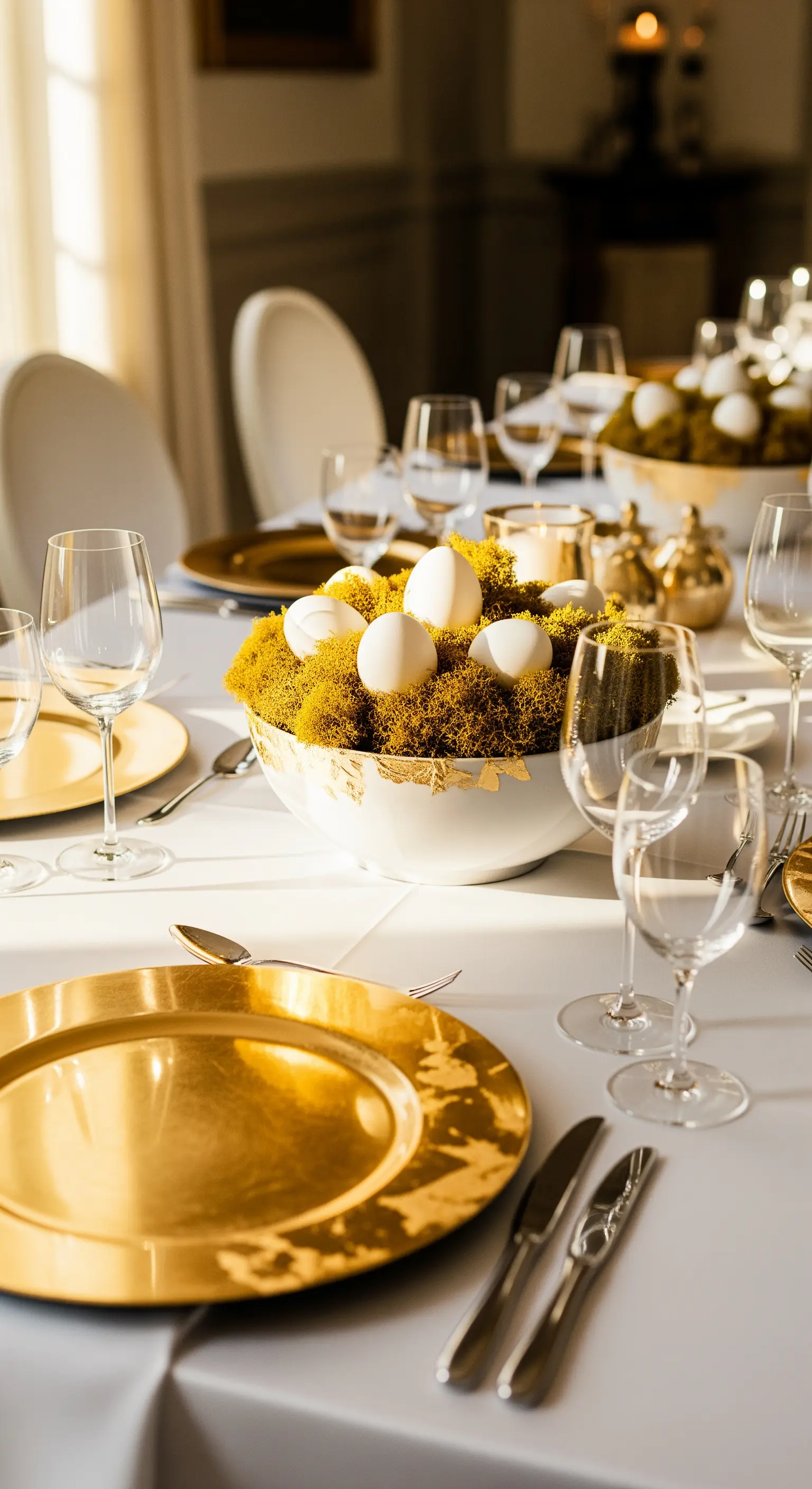 Oster-Tisch mit Moos-Arrangement, goldenen Tellern und Eiern