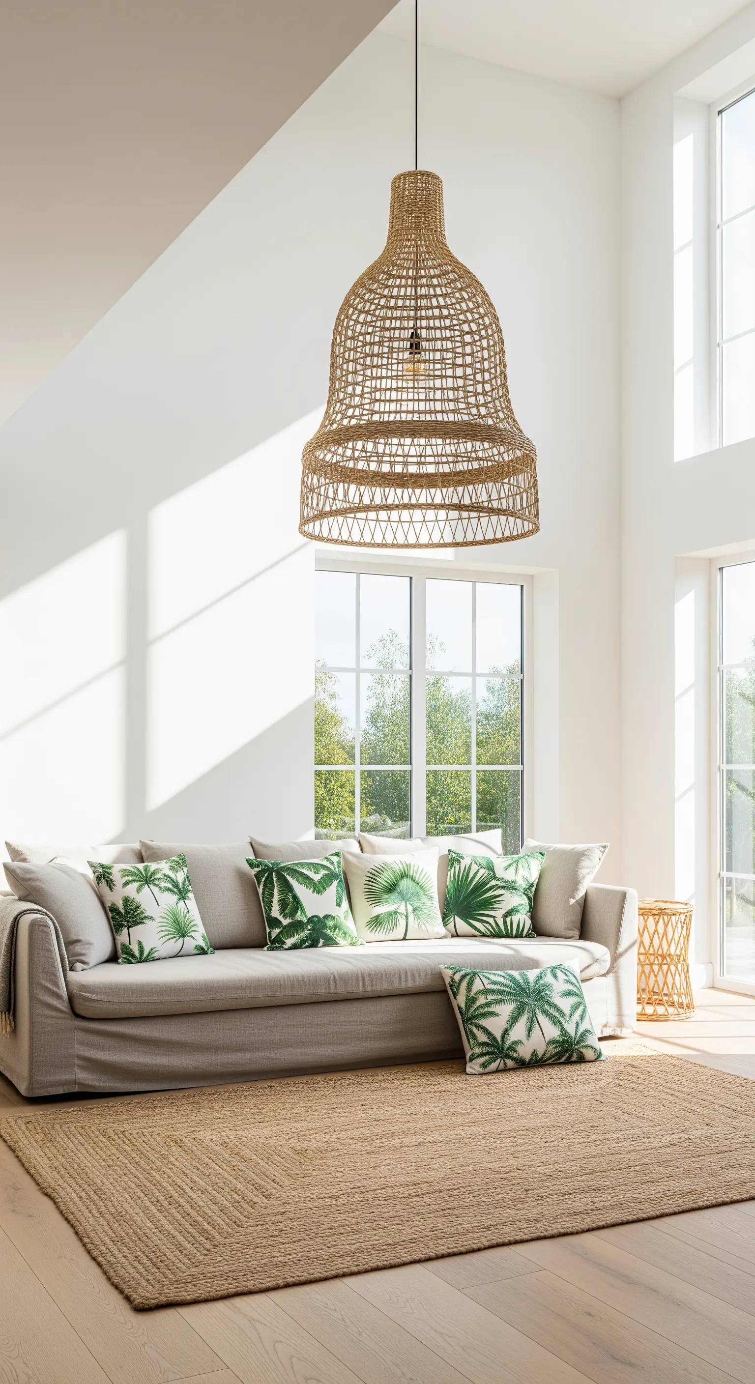 Großes Wohnzimmer mit Jute-Teppich und Rattan-Lampe