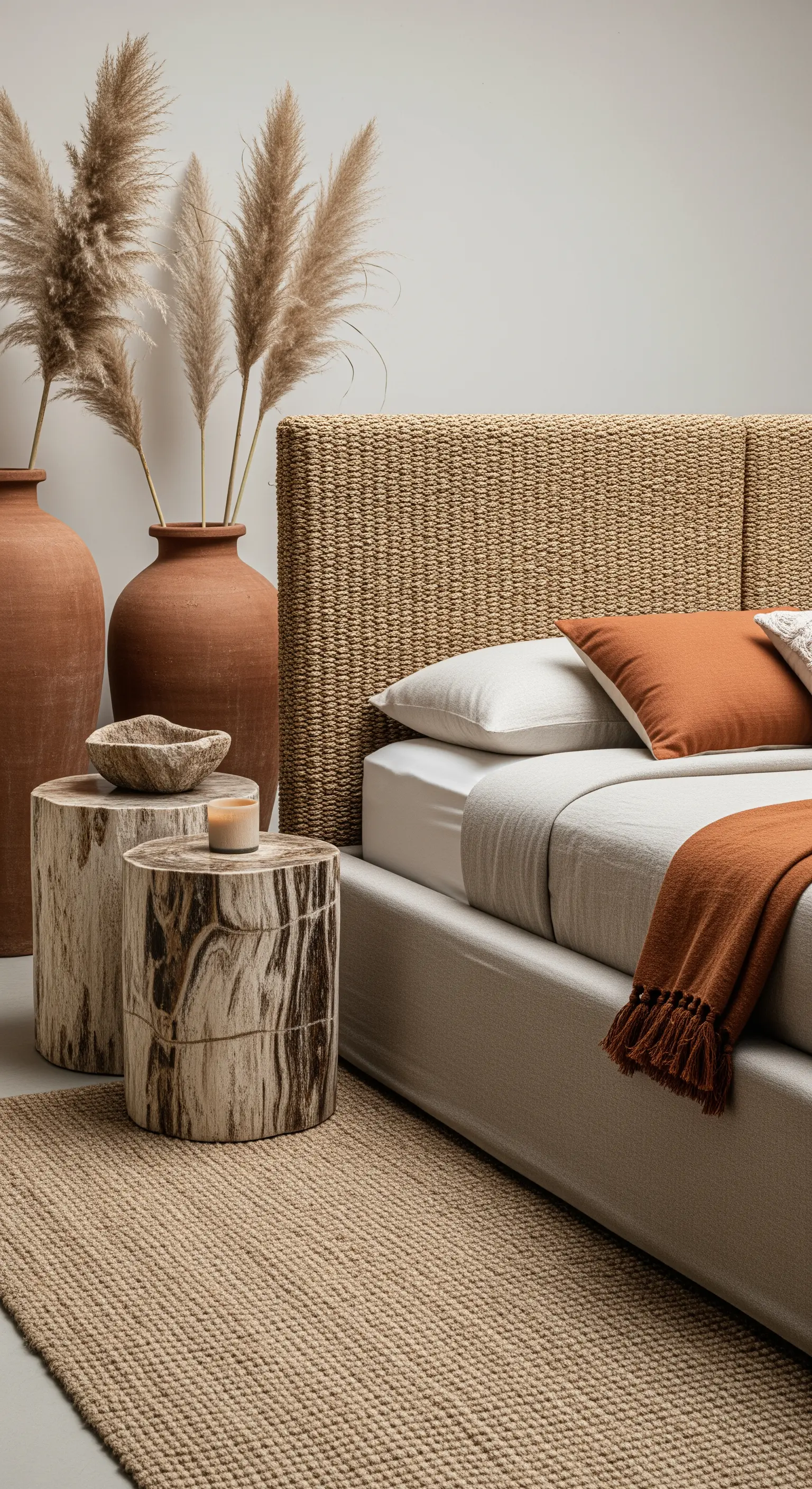 Bett mit geflochtenem Rattan-Kopfteil neben rustikalen Holzblock-Tischen