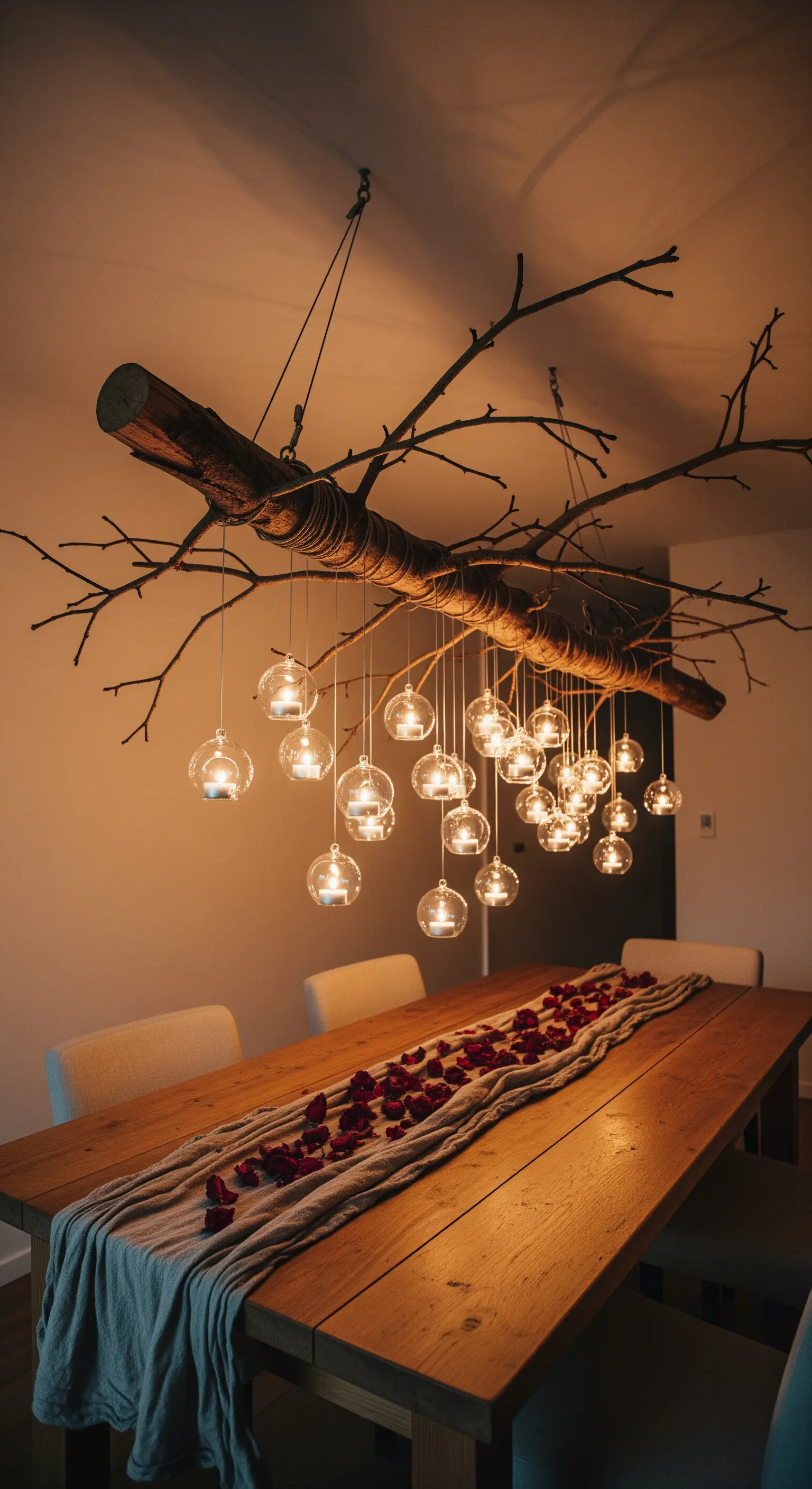 Esstisch mit hängendem Baumast-Kronleuchter aus Glaskugeln und Kerzen