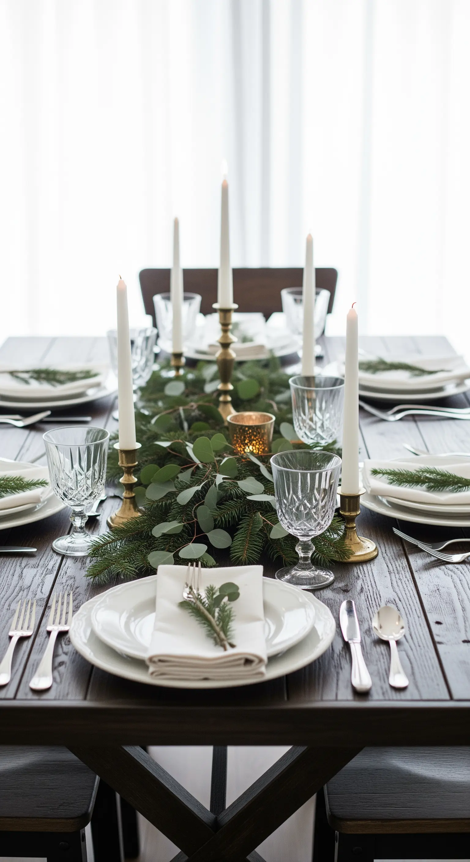 Winterliche Tischdekoration mit frischem Grün, hohen weißen Kerzen und Messingleuchtern.