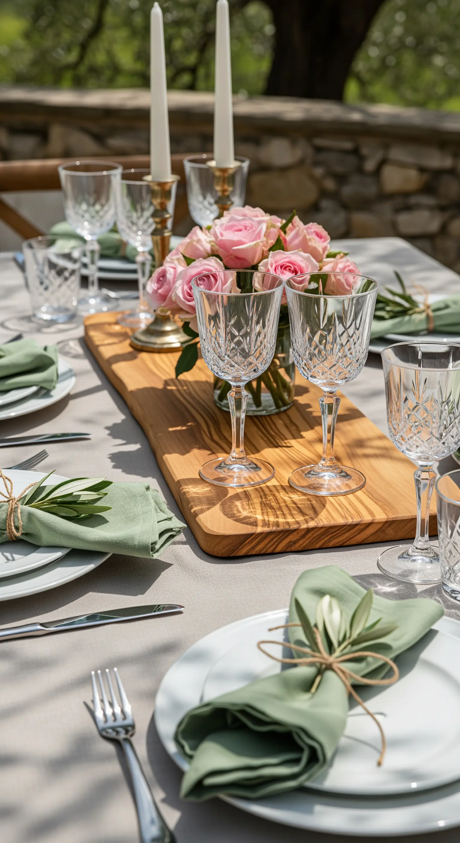 Tischdeko mit rosa Rosen, Olivenholzbrett und grünen Servietten für mediterranes Flair