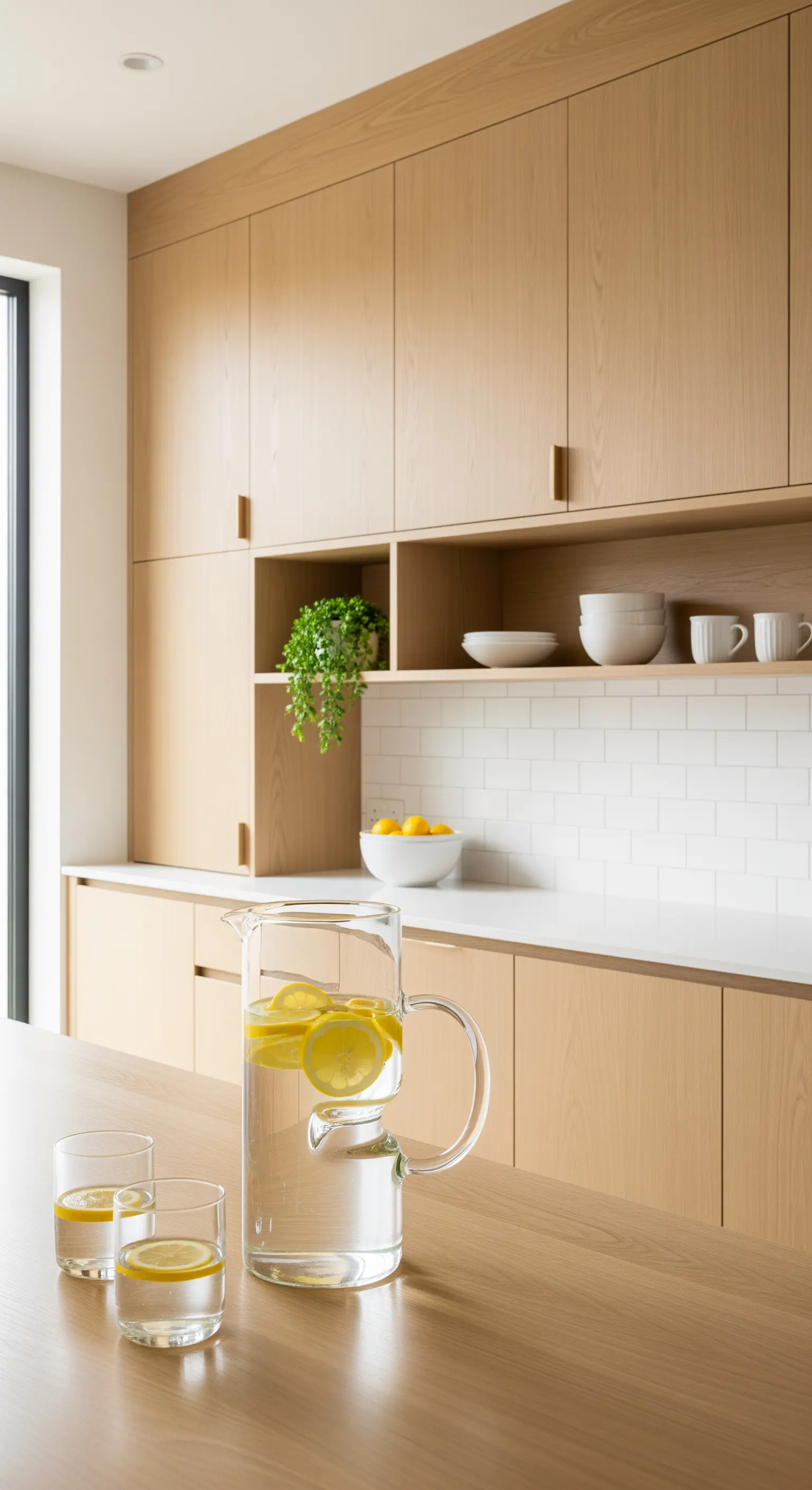 Karaffe mit Zitronen in einer Holzküche