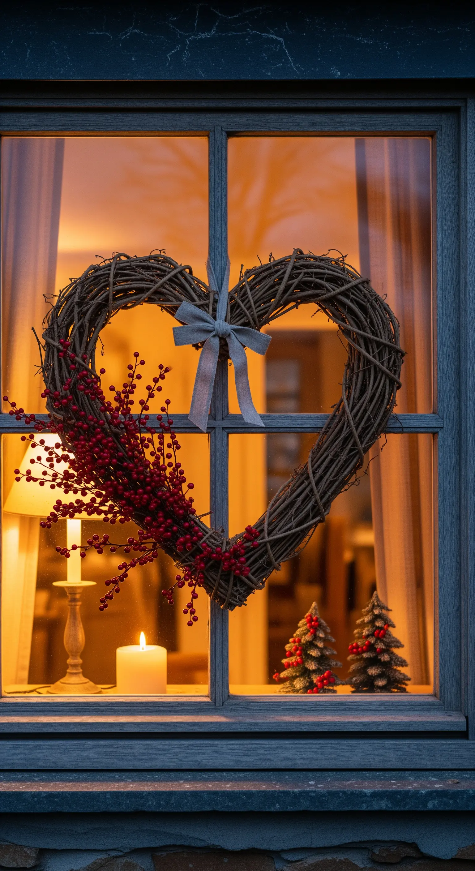 Rustikaler Weidenherz-Kranz mit roten Beeren an einem Fenster, von innen warm beleuchtet.