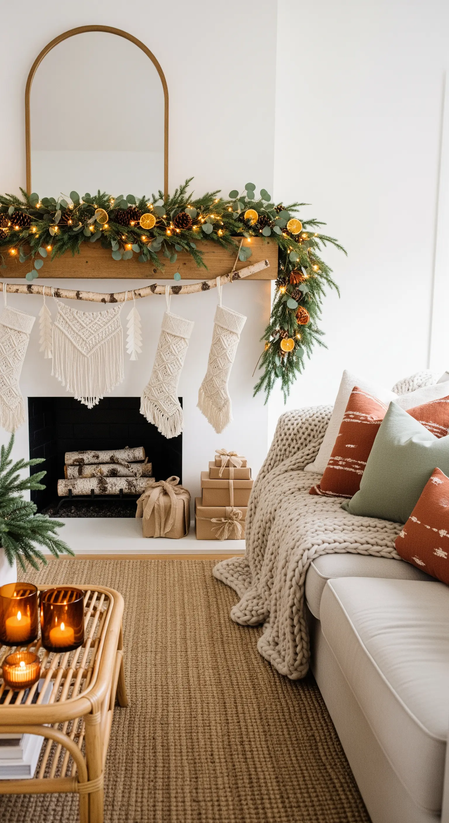 Boho-Kamin-Deko mit Eukalyptusgirlande und Makramee-Strümpfen