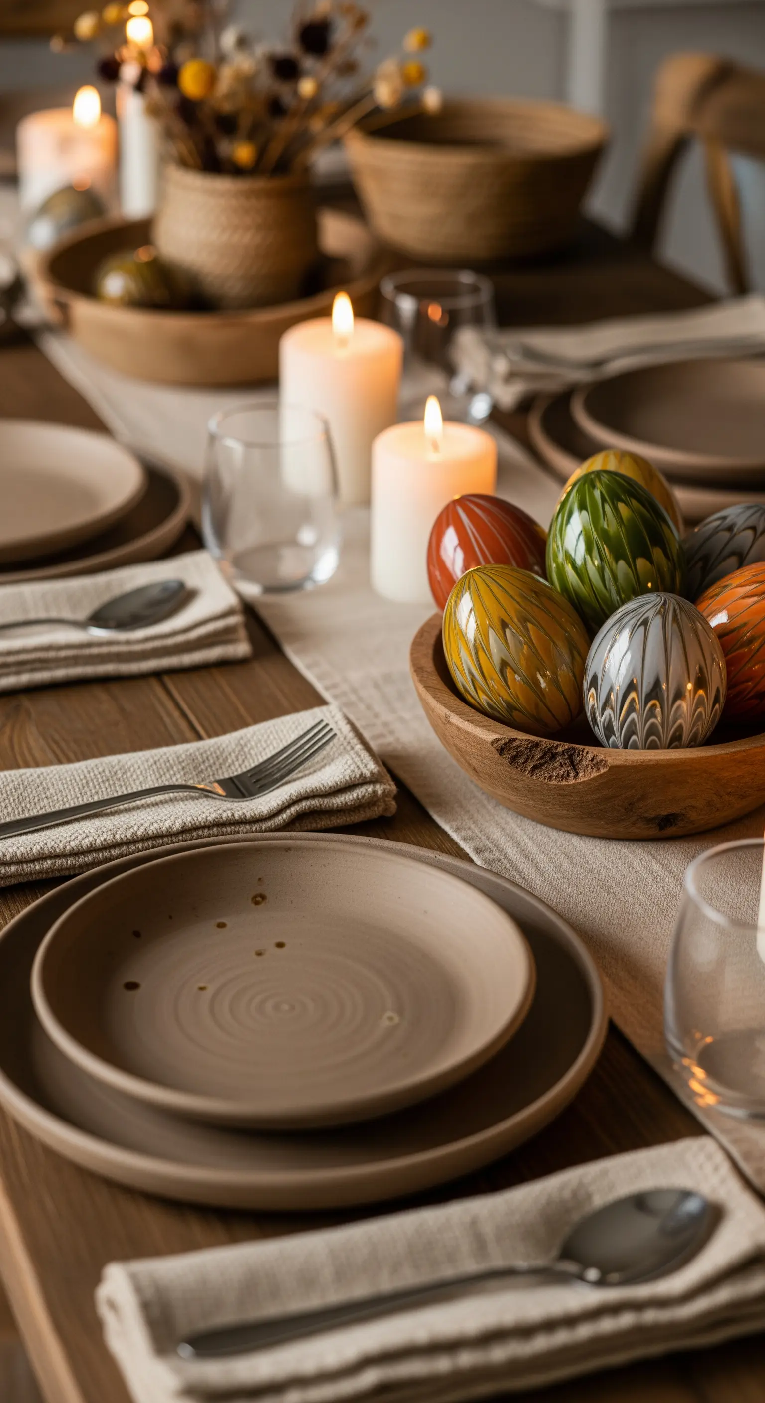 Ostertisch in Erdtönen mit handbemalten Eiern und Naturmaterialien