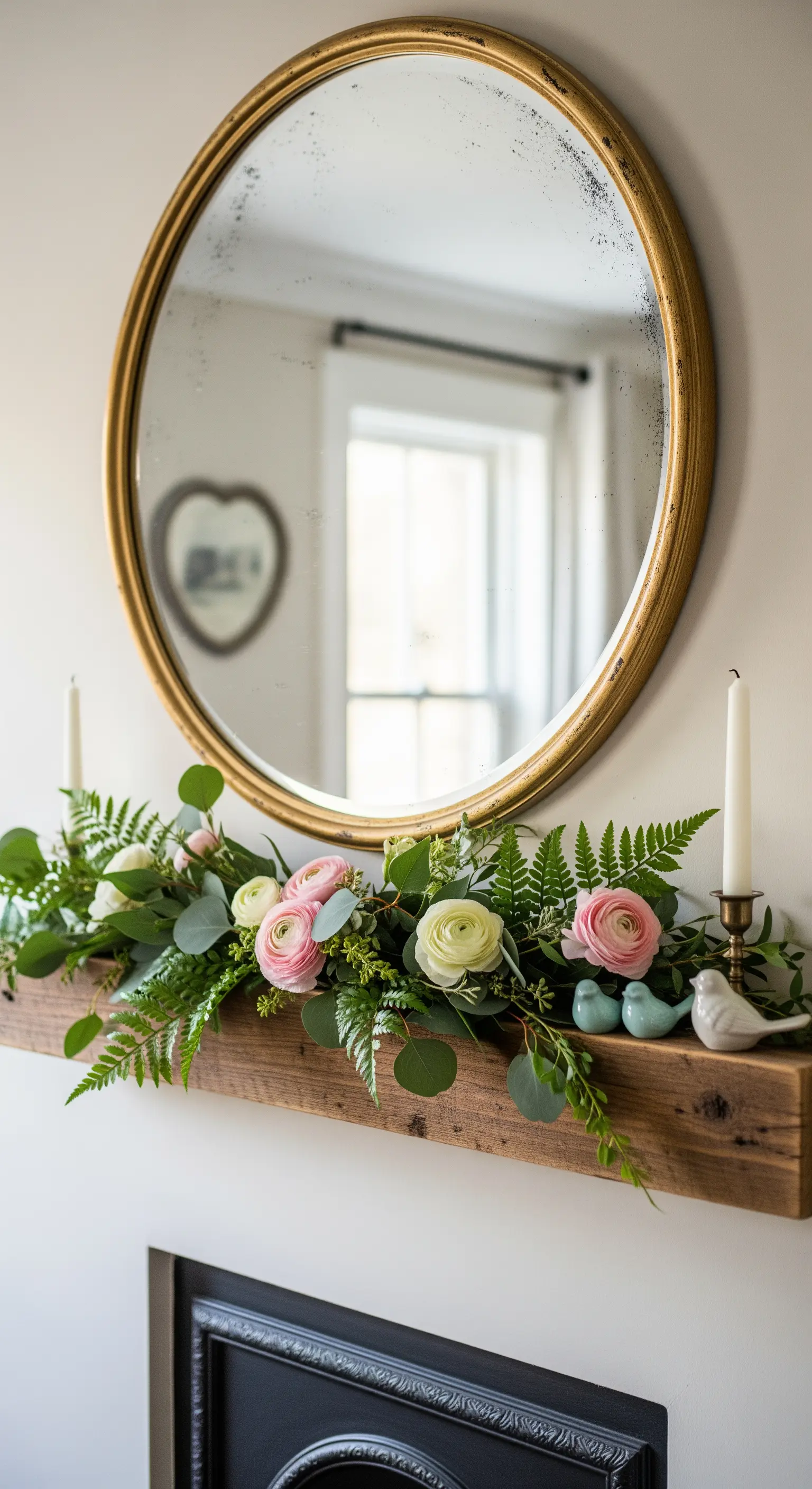 Liegende Blumengirlande aus Farn, Eukalyptus und Ranunkeln auf Holzkamin.