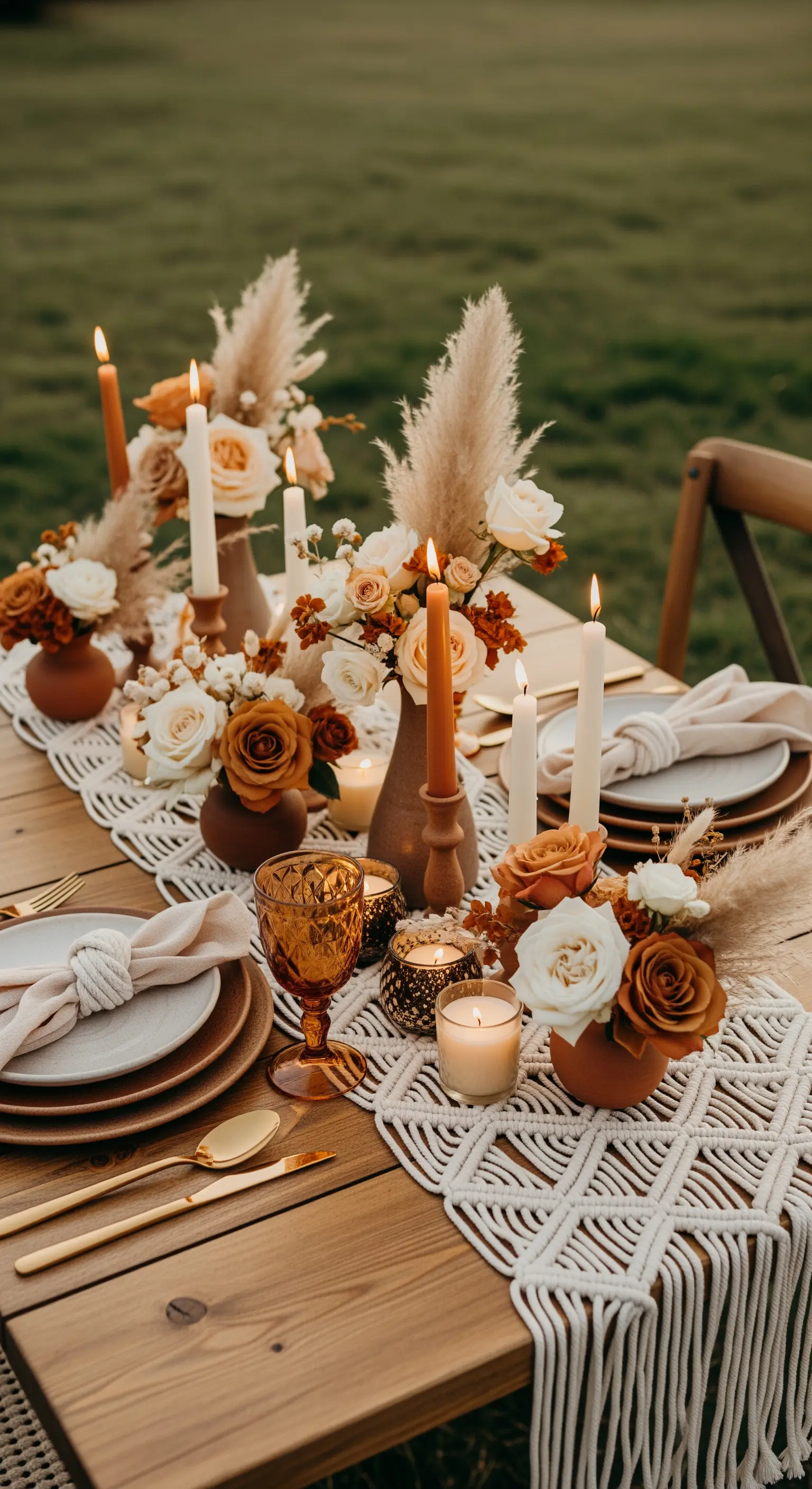 Boho-Tischdeko mit Makramee-Läufer, Pampasgras und Rosen in Terrakotta-Vasen.