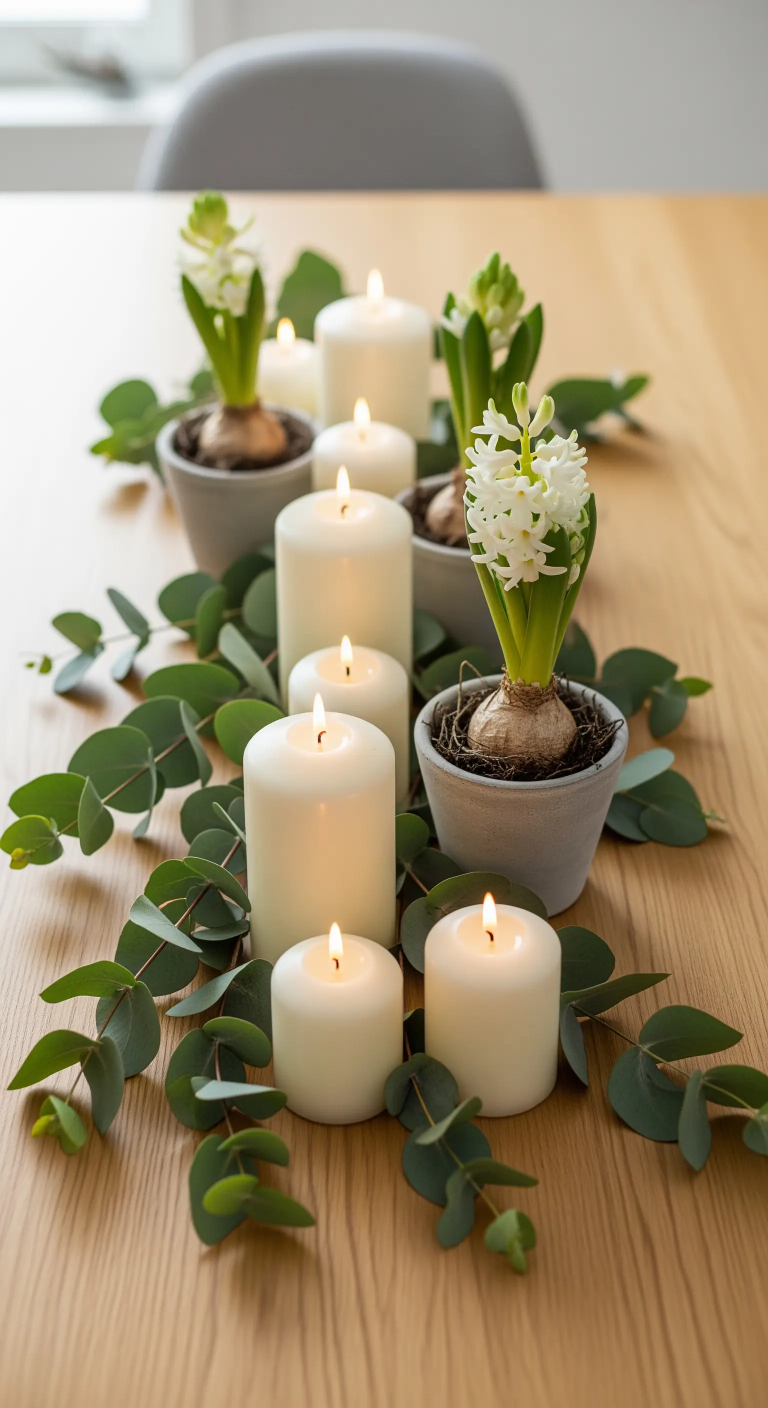 Erdige Osterdeko: Hyazinthen, Eukalyptus und weiße Kerzen auf Holztisch