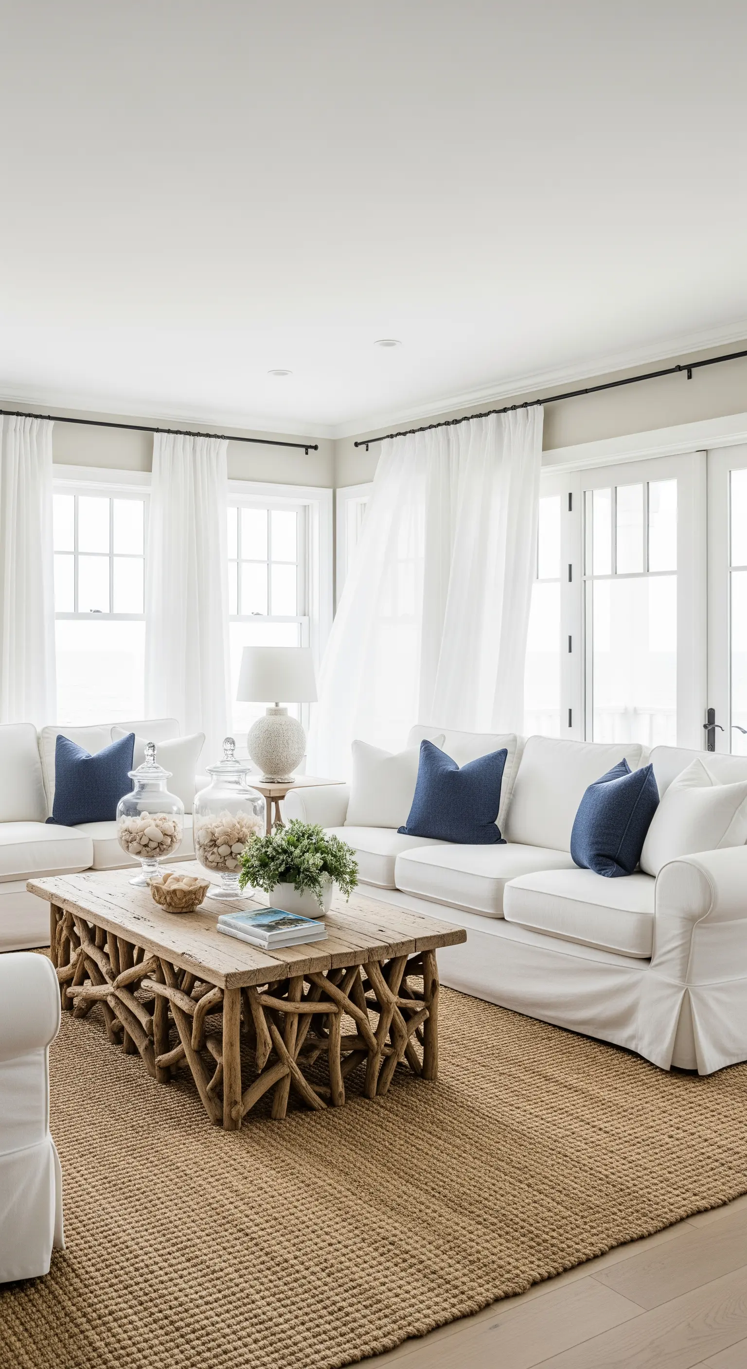 Wohnzimmer mit Treibholz-Couchtisch und blau-weißer Küstendeko.