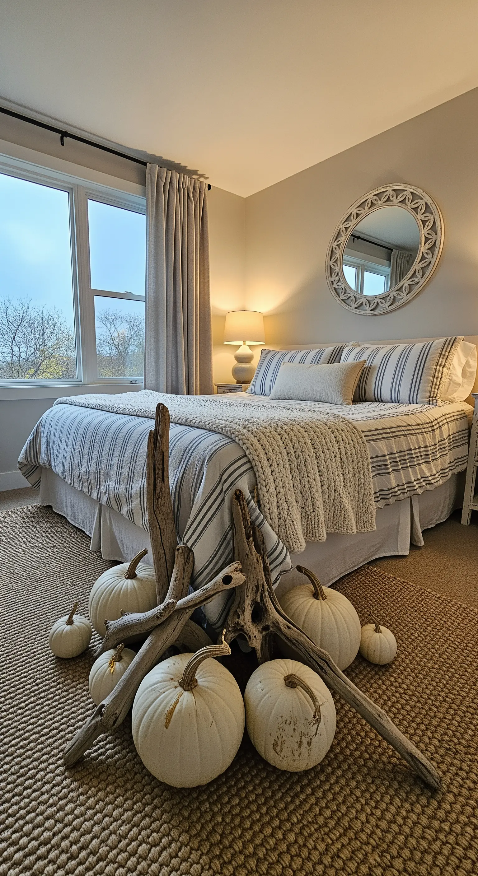 Weiße Kürbisse und Treibholz am Bettende auf Sisalteppich