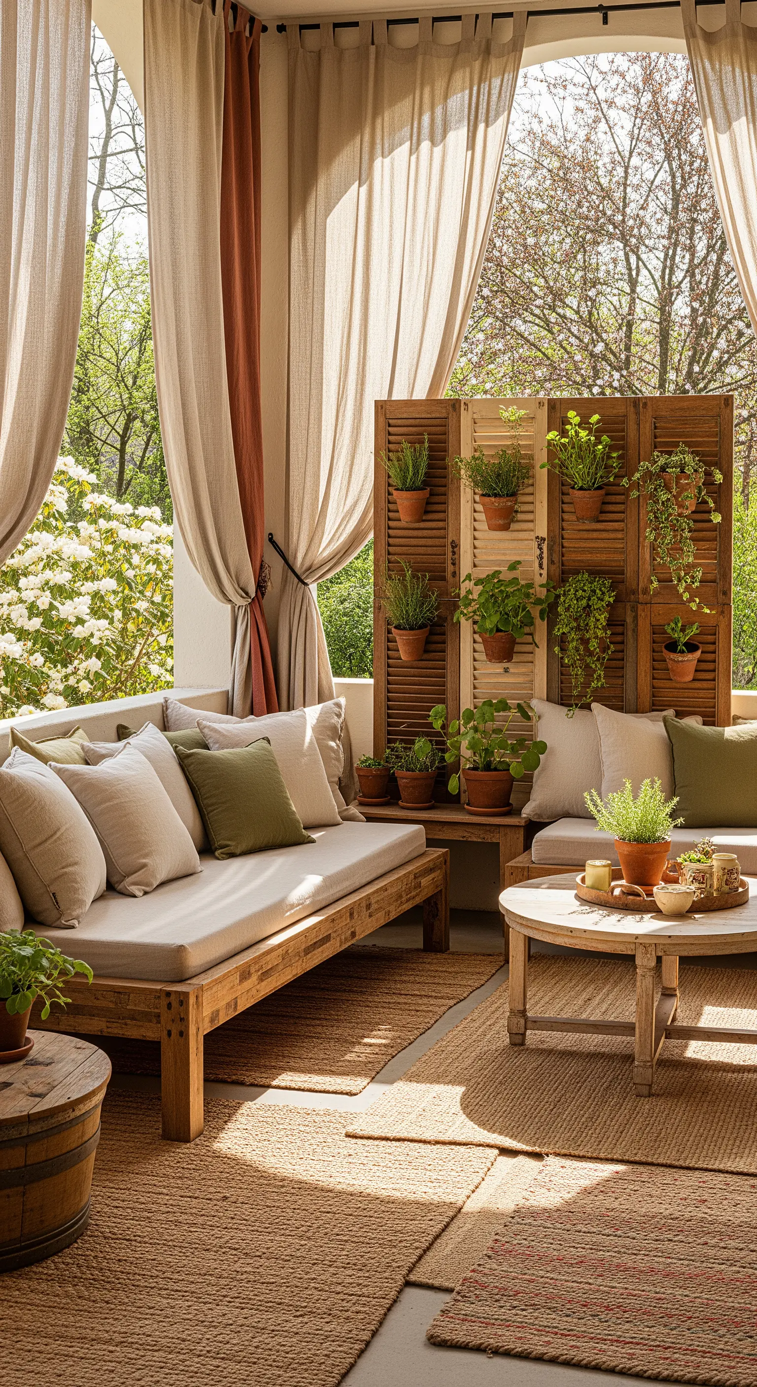 Veranda-Lounge in Erd- und Grüntönen mit Holzsofas, Pflanzen-Paravent und Juteteppichen