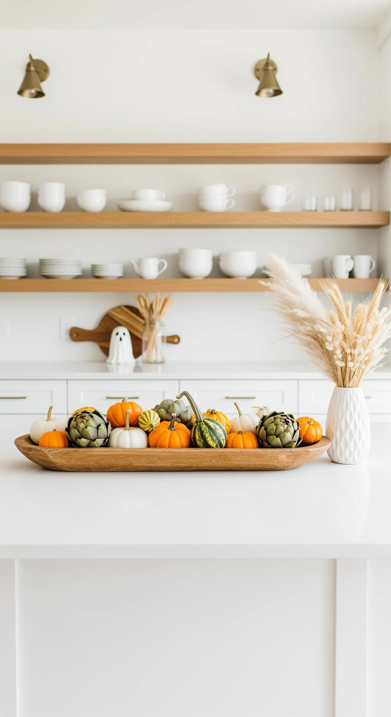 Holzschale auf Kücheninsel, gefüllt mit Kürbissen, Artischocken und Pampasgras-Vase.