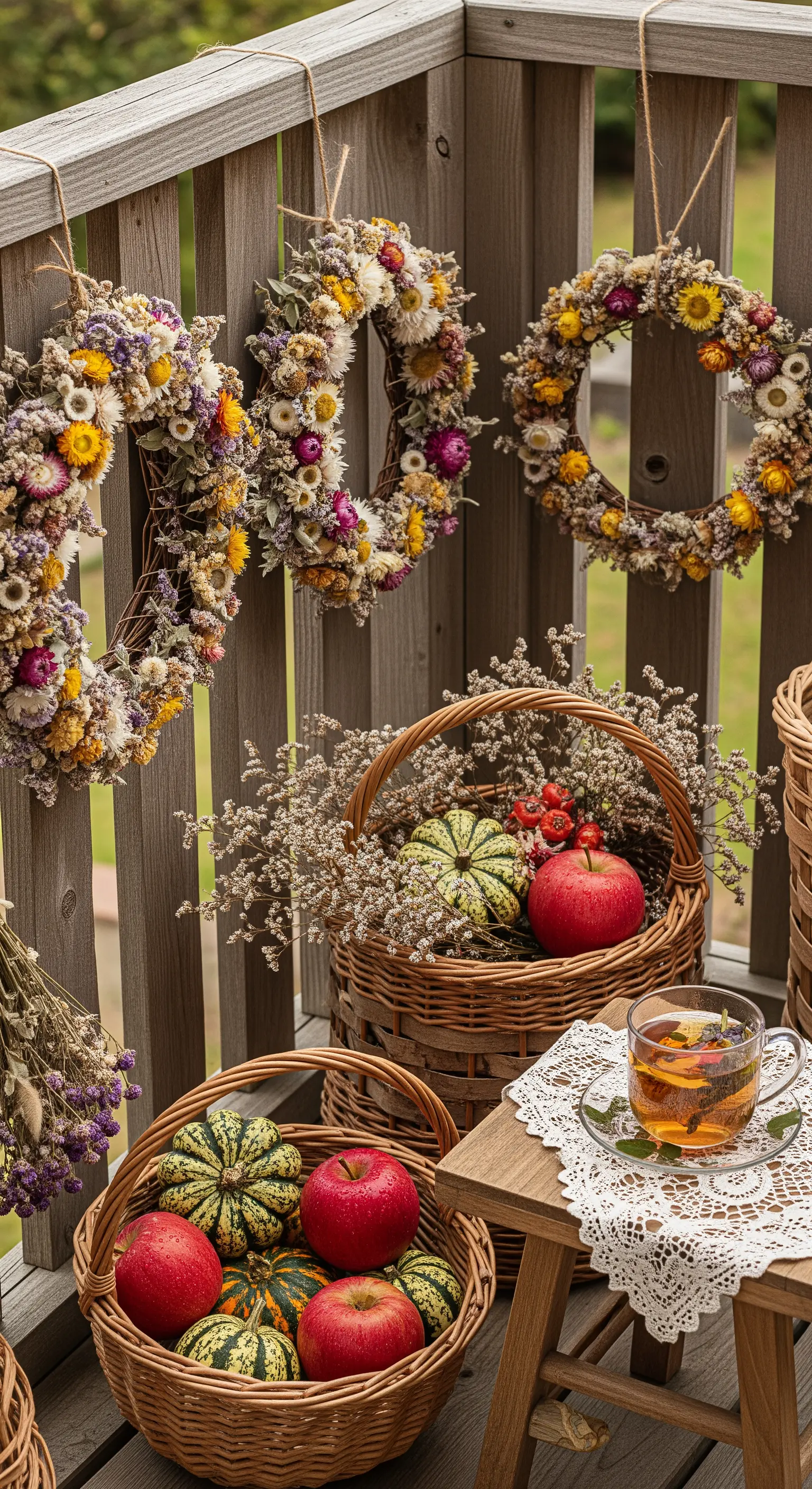 Rustikaler Balkon mit Trockenblumenkränzen, Obstkörben, Tee-Set