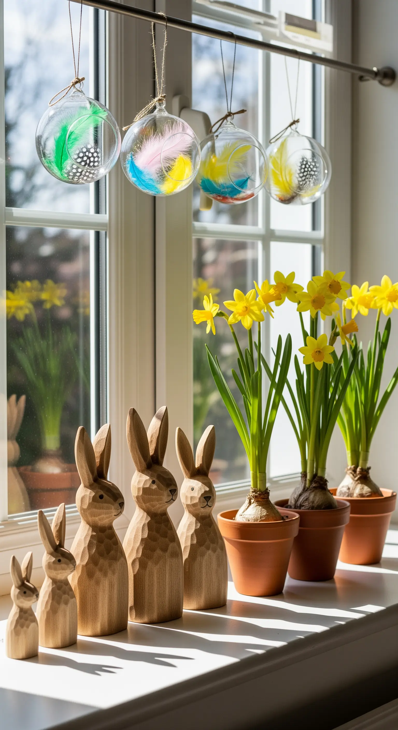 Holzhasen, Narzissen, Feder-Glaskugeln auf der Fensterbank.