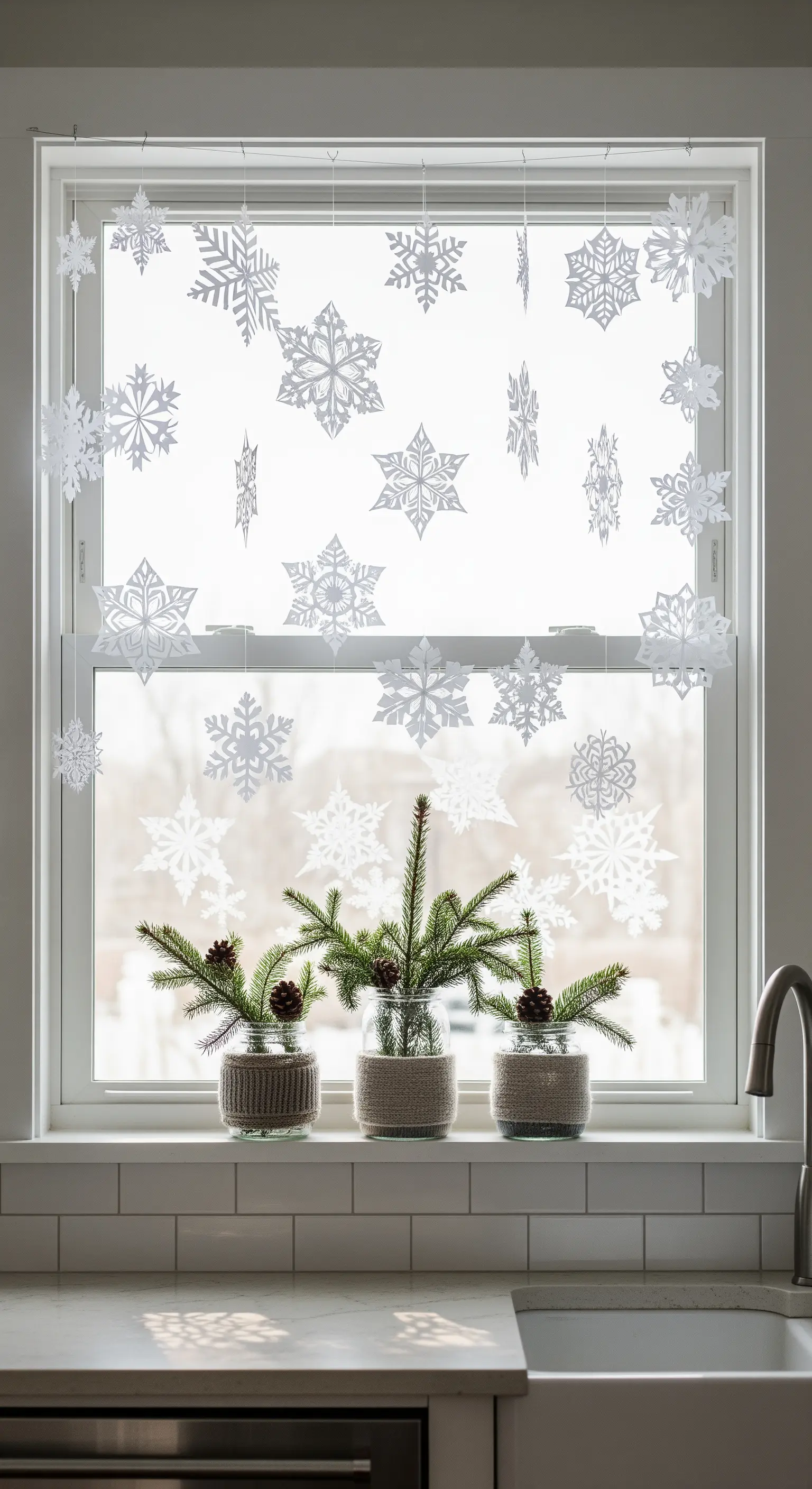 Fensterbank mit Tannenzweigen in Jute-Gläsern und Papier-Schneeflocken