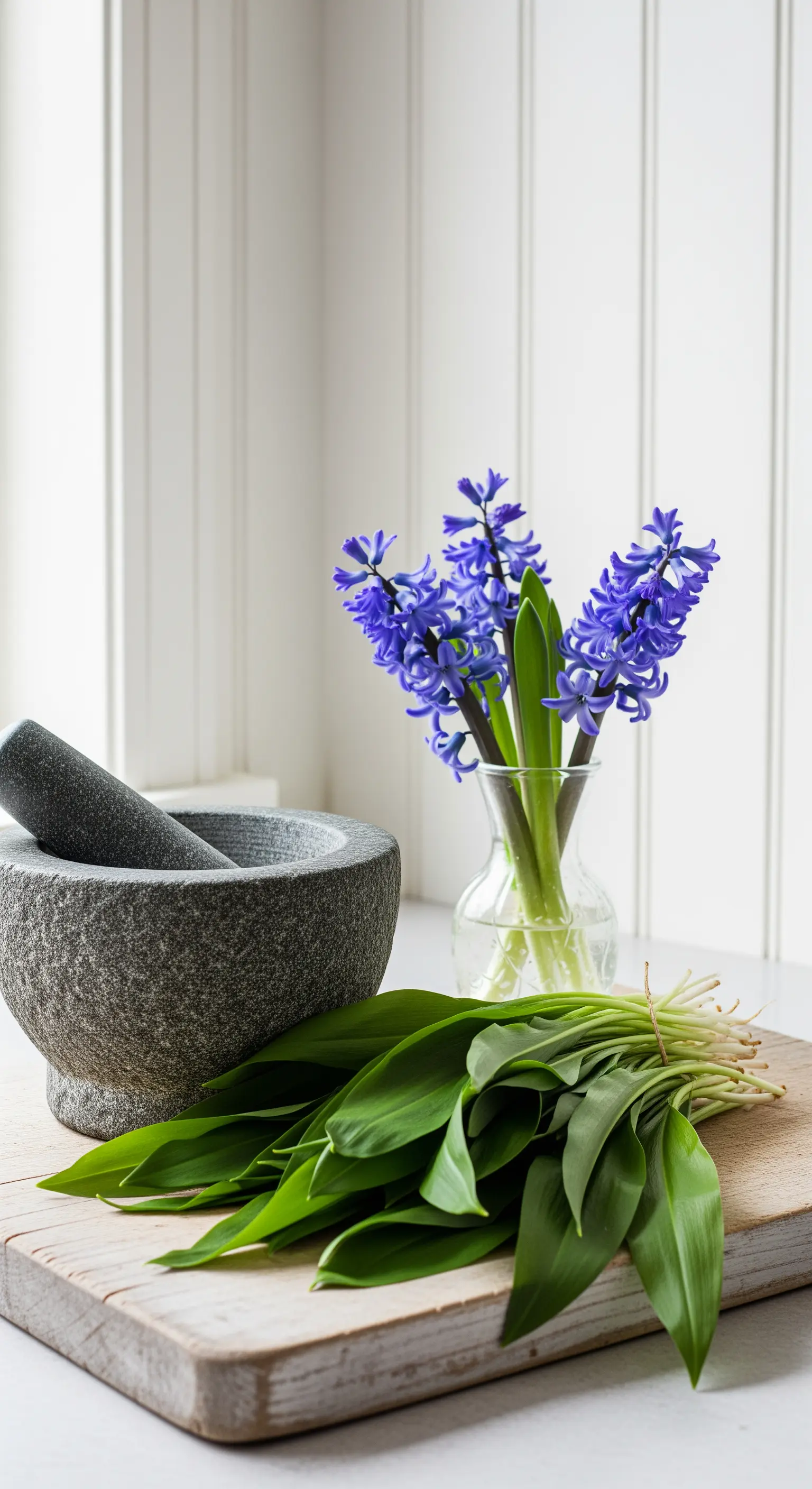 Bärlauch, Mörser und lila Hyazinthen auf weißer Küchenarbeitsplatte