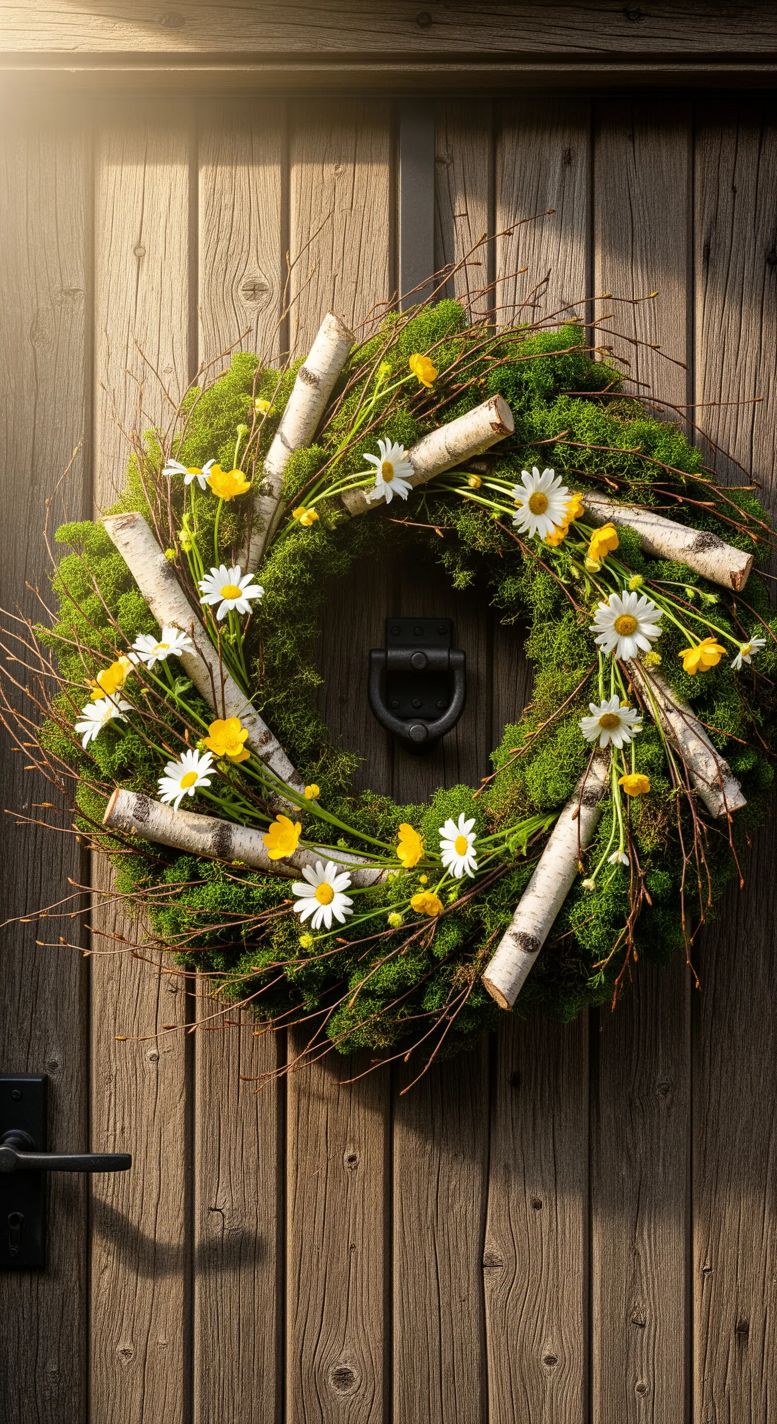 Moos-Birkenkranz mit Gänseblümchen und Hahnenfuß auf rustikaler Holztür