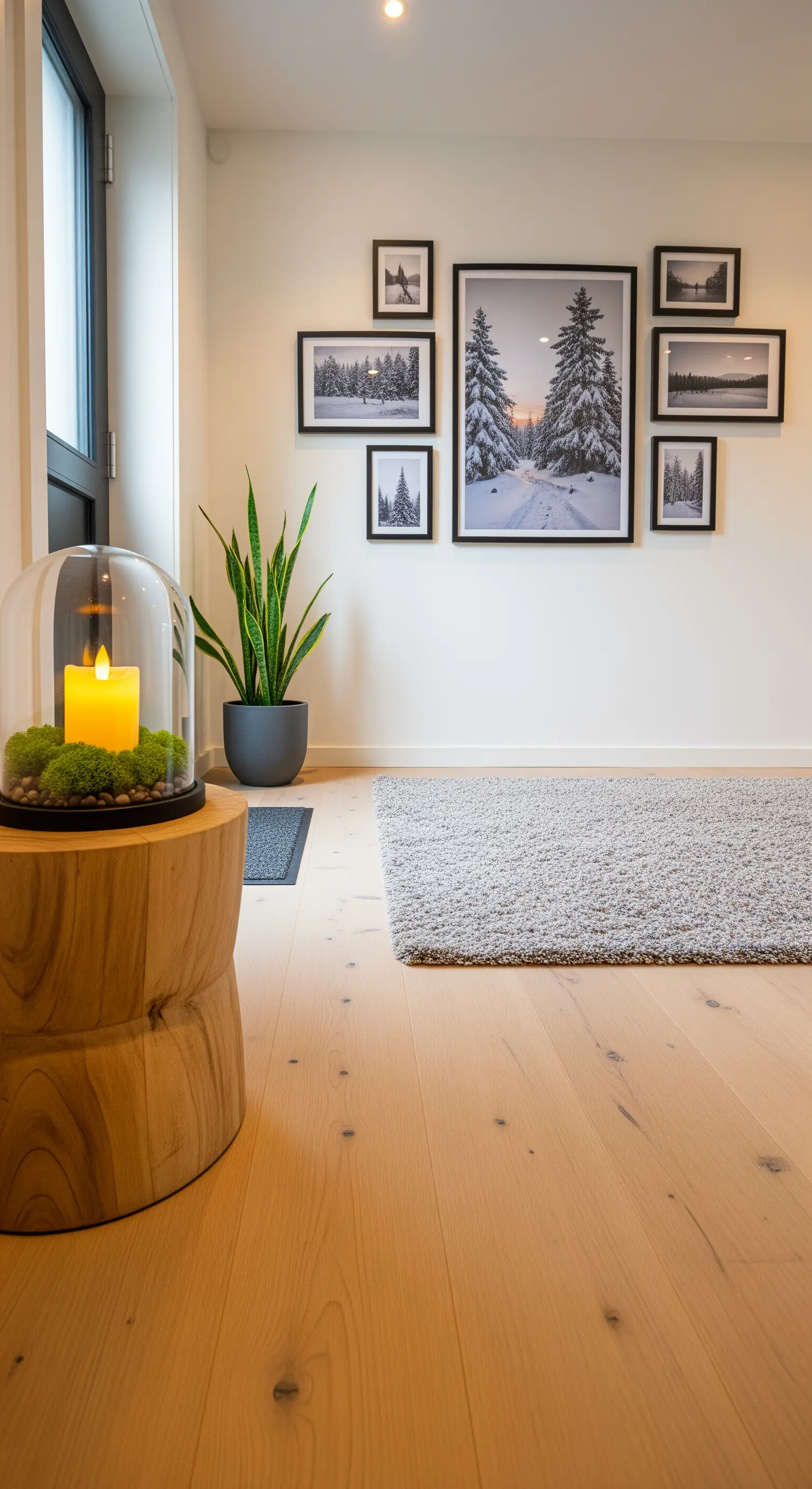 Galeriewand mit Winterbildern, Pflanze, Holzhocker mit Kerzen-Glocke