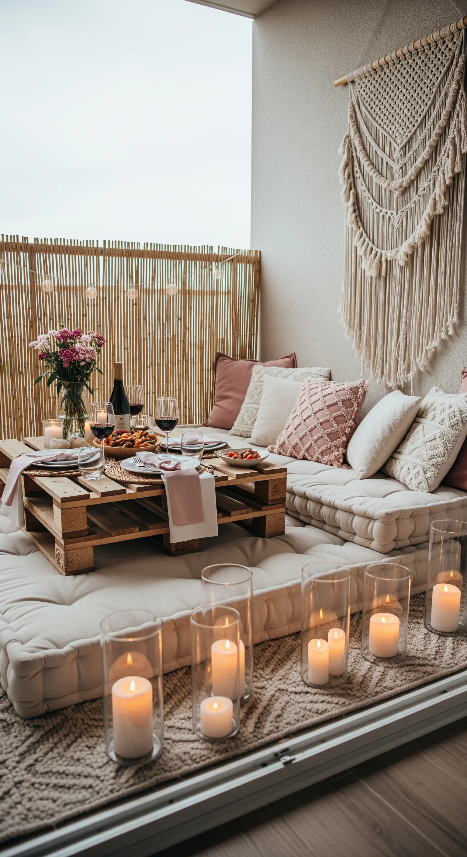 Boho-Balkon mit Palettensofa, Makramee-Wandbehang und vielen Kerzen in Gläsern