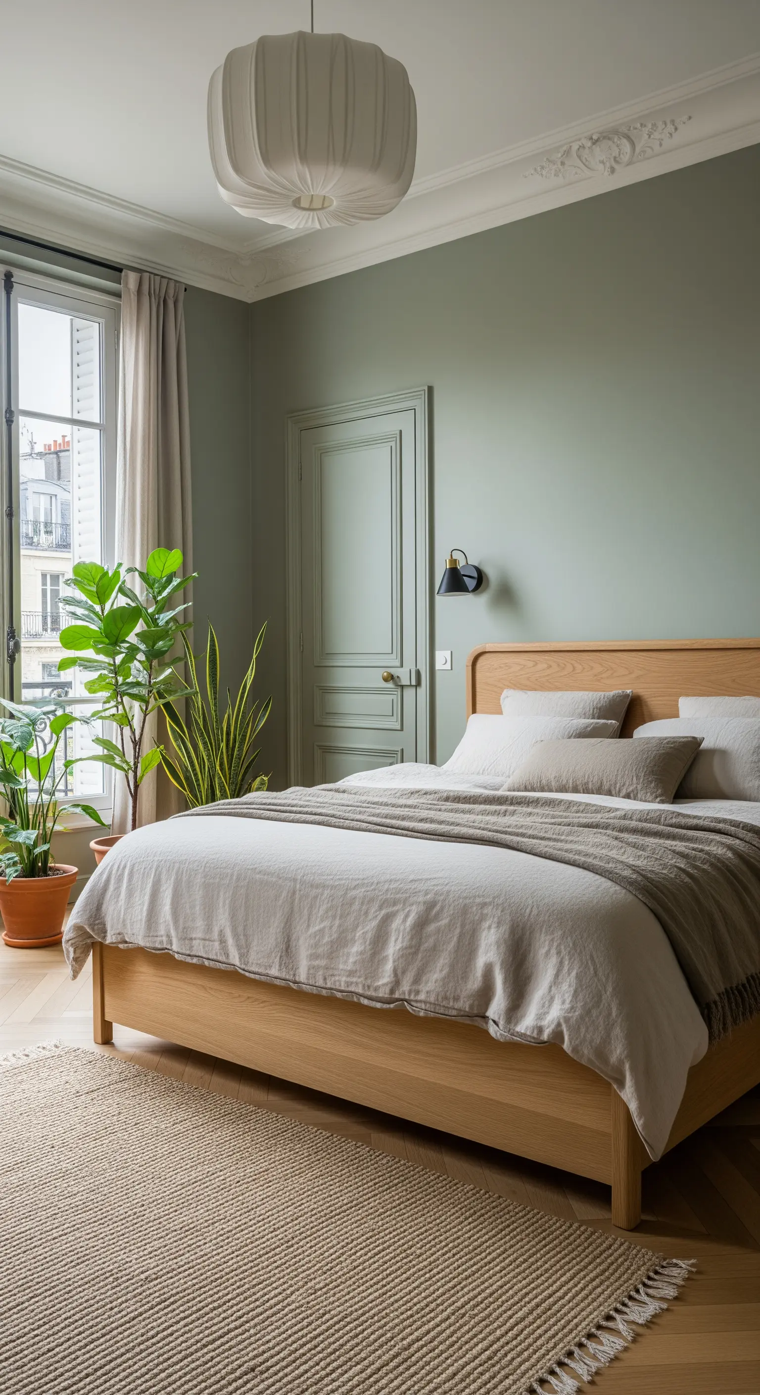 Schlafzimmer mit salbeigrünen Wänden, einem Bett aus hellem Holz und Zimmerpflanzen