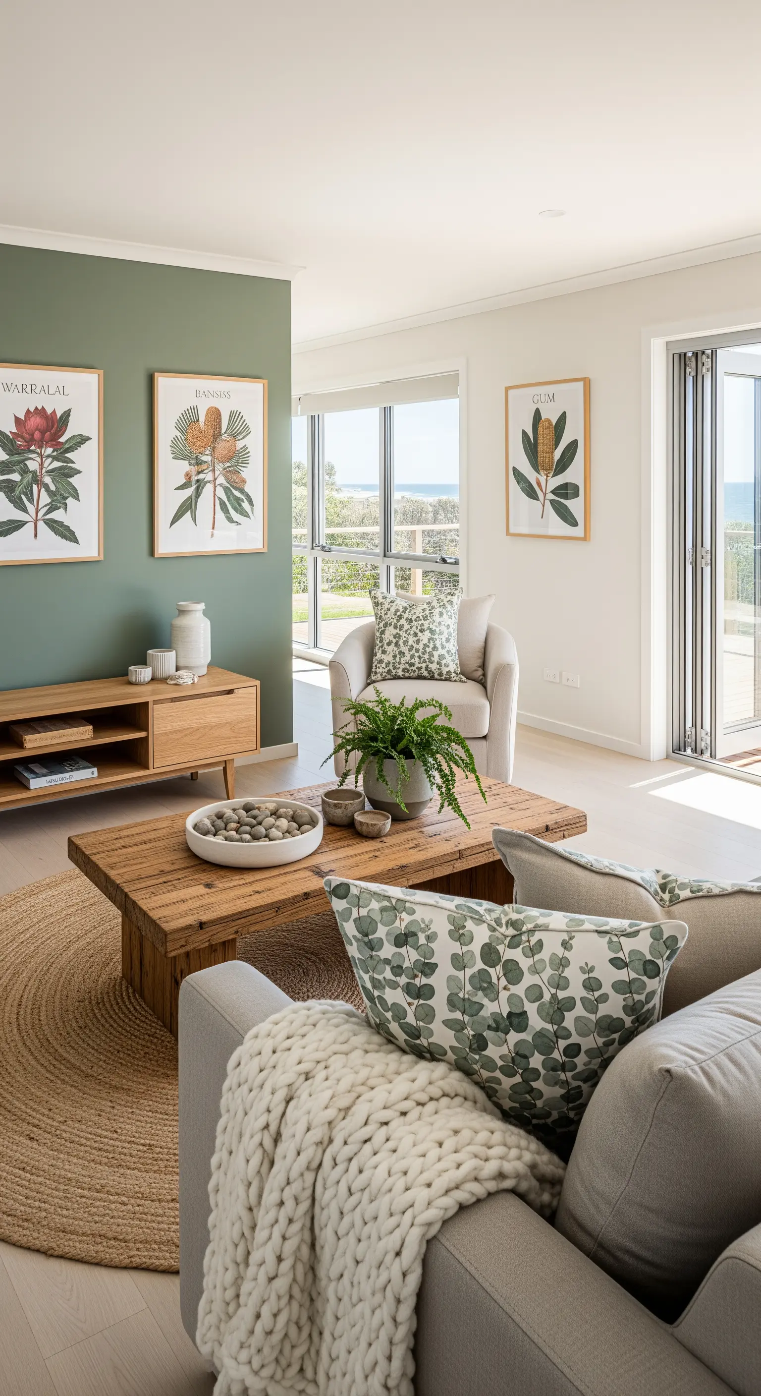 Salbeigrünes Wohnzimmer, botanische Kunst, Holztisch, Jute Teppich, Pflanzen