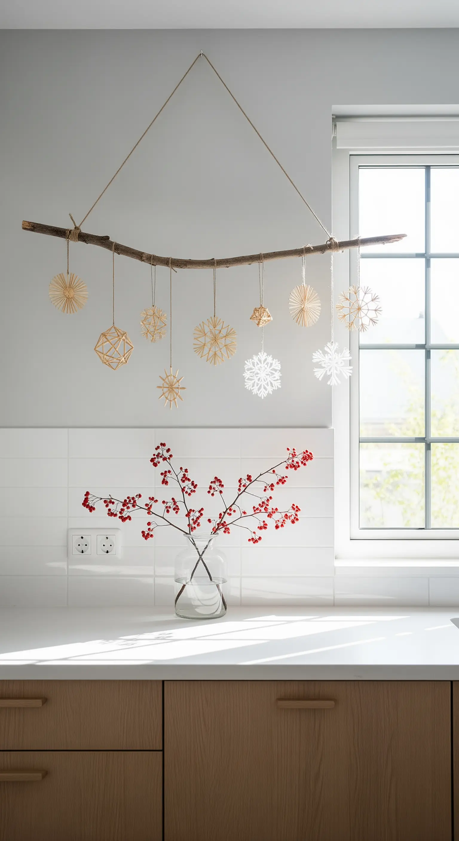 Hängender Ast mit Strohsternen und Vase mit roten Beeren in der Küche.