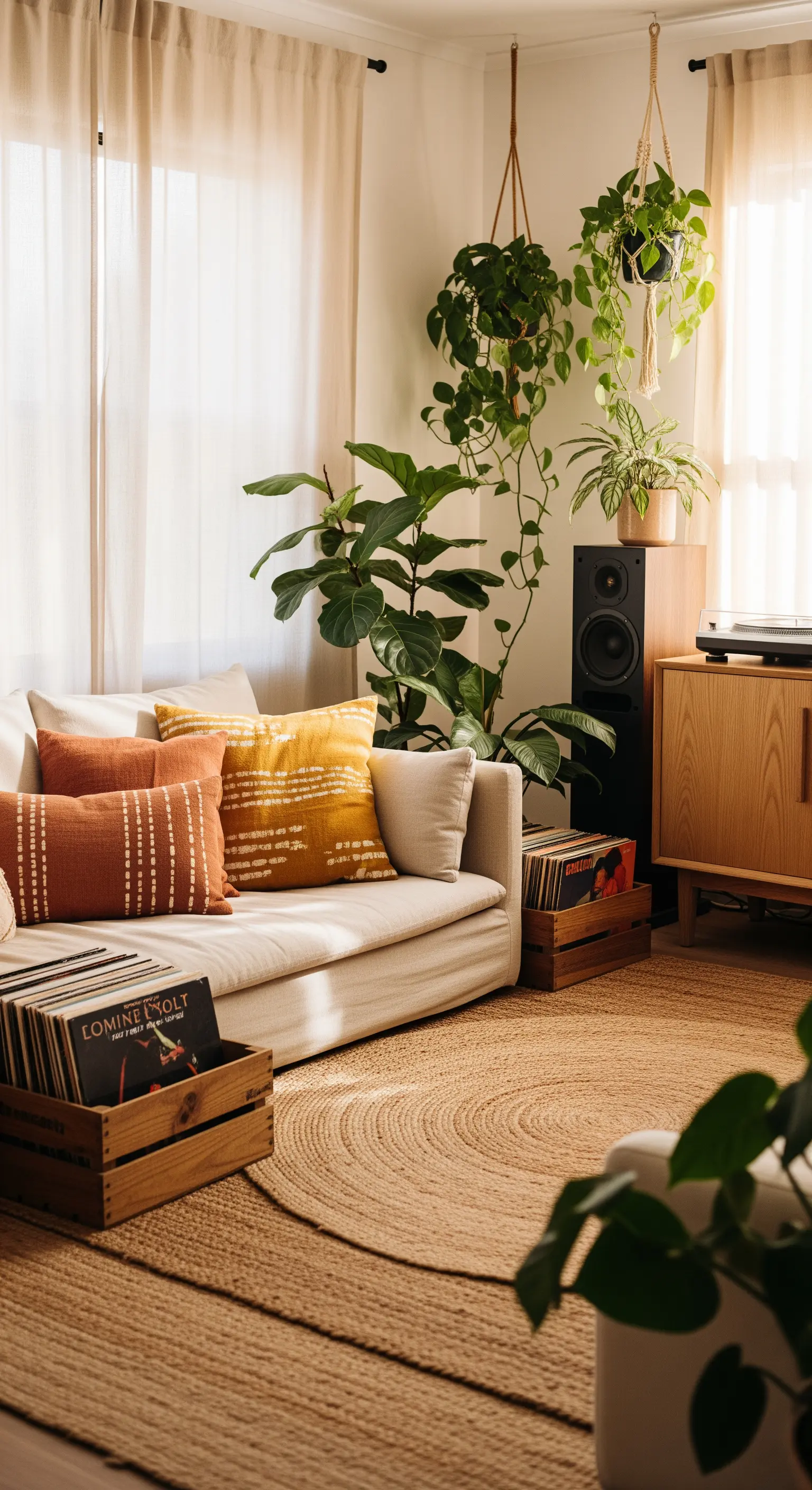 Helles Boho-Wohnzimmer mit Plattenspieler, Pflanzen und Vinyl in Holzkisten