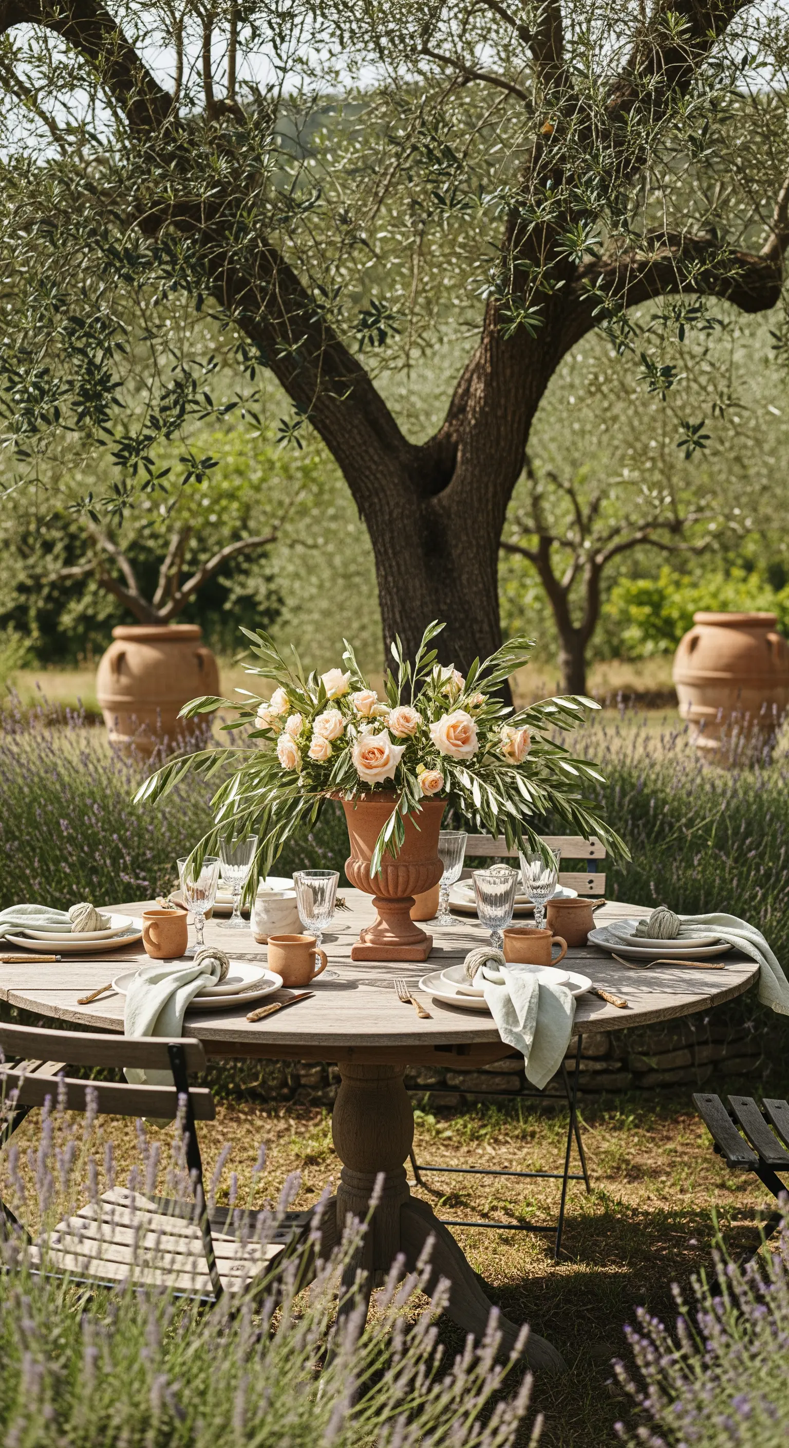 Rustikaler Holztisch unter einem Olivenbaum mit Rosen in einer Terrakotta-Vase