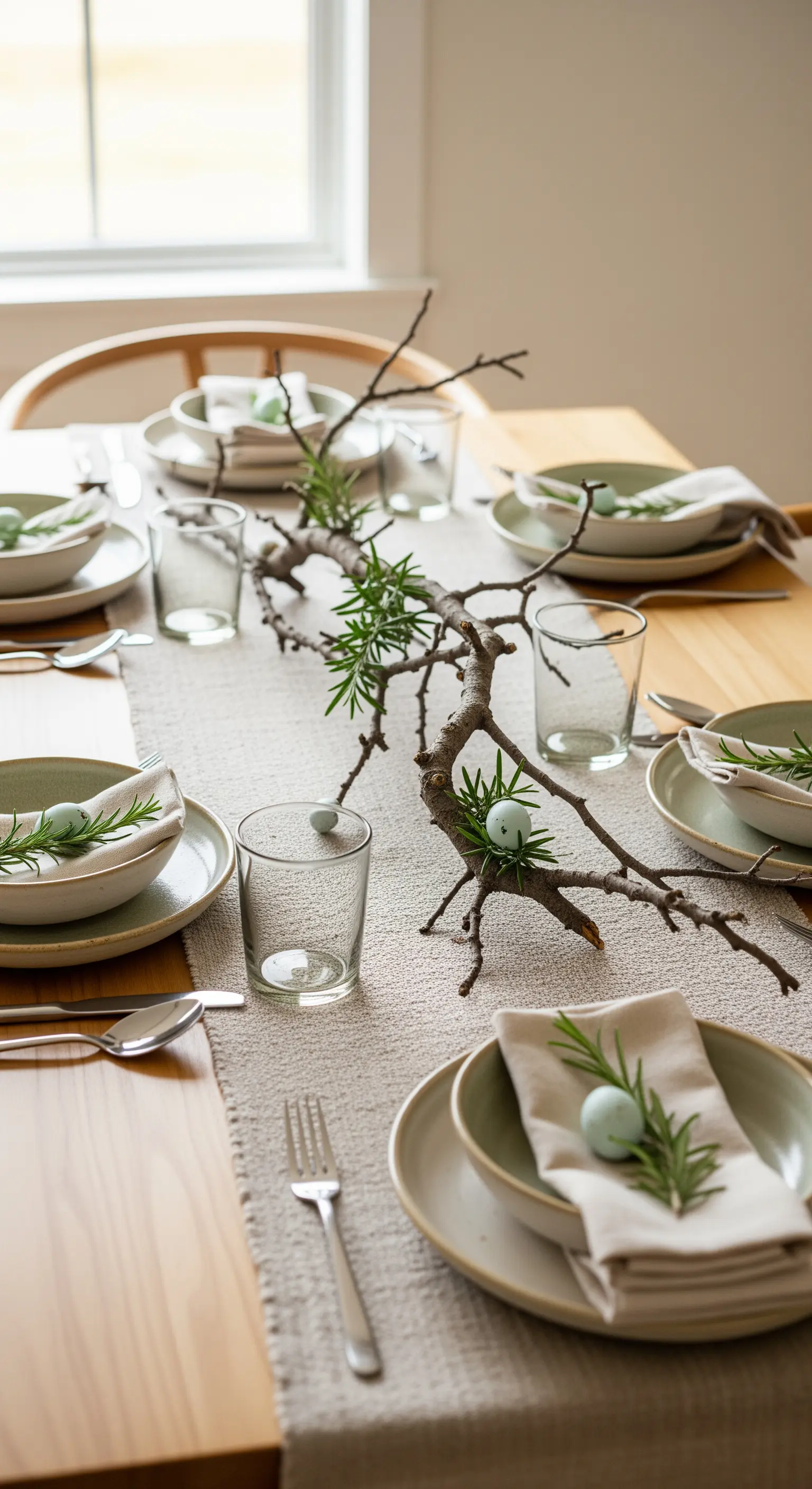 Rustikale Ostertafel mit einem Ast als Centerpiece und natürlichen Materialien.