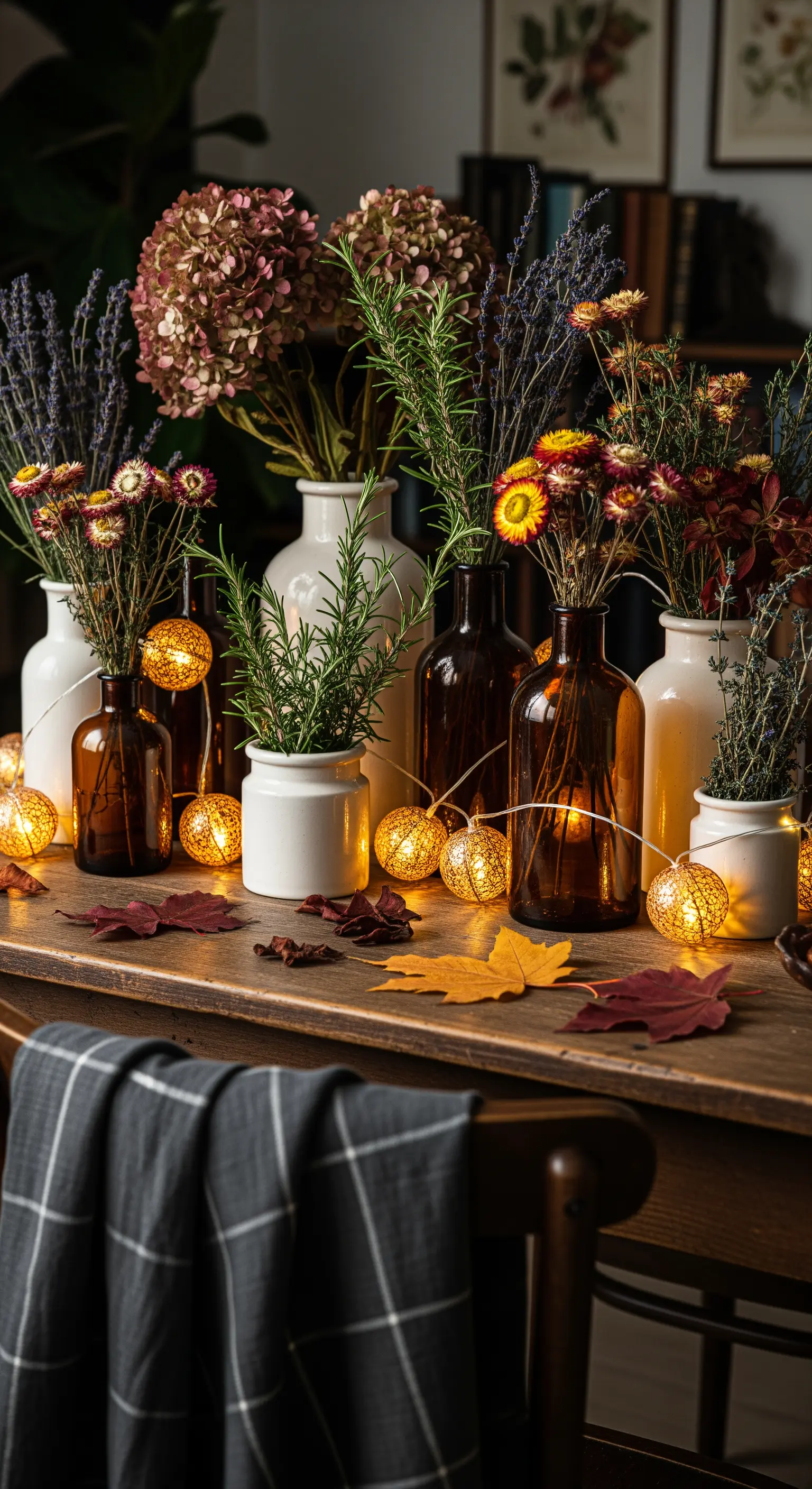 Herbst-Vignette, Flaschen, Vasen, Trockenblumen, Rosmarin, Lichterketten, Herbstblätter.