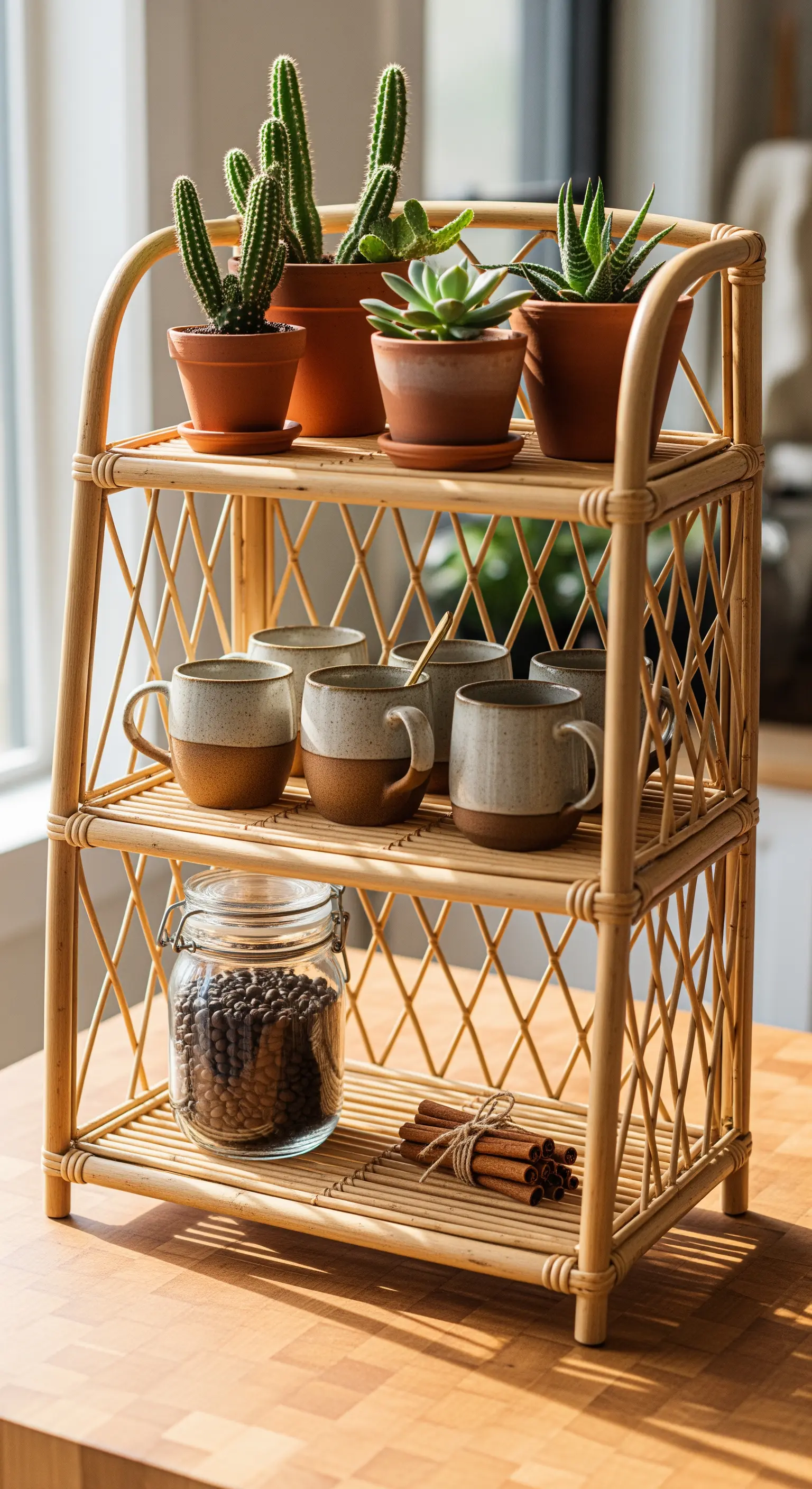 Etagere aus Rattan mit Sukkulenten, handgemachten Keramiktassen und Kaffeebohnen.
