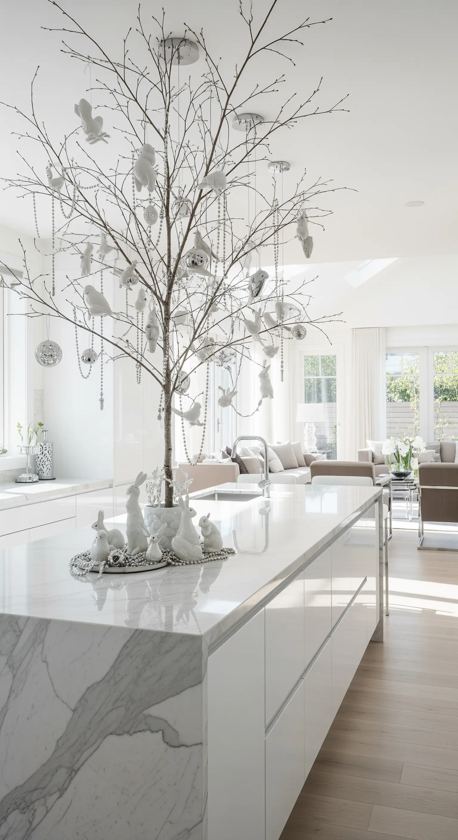 Dekorierter Astbaum mit weißen Vögeln und silbernen Kugeln auf Kücheninsel.