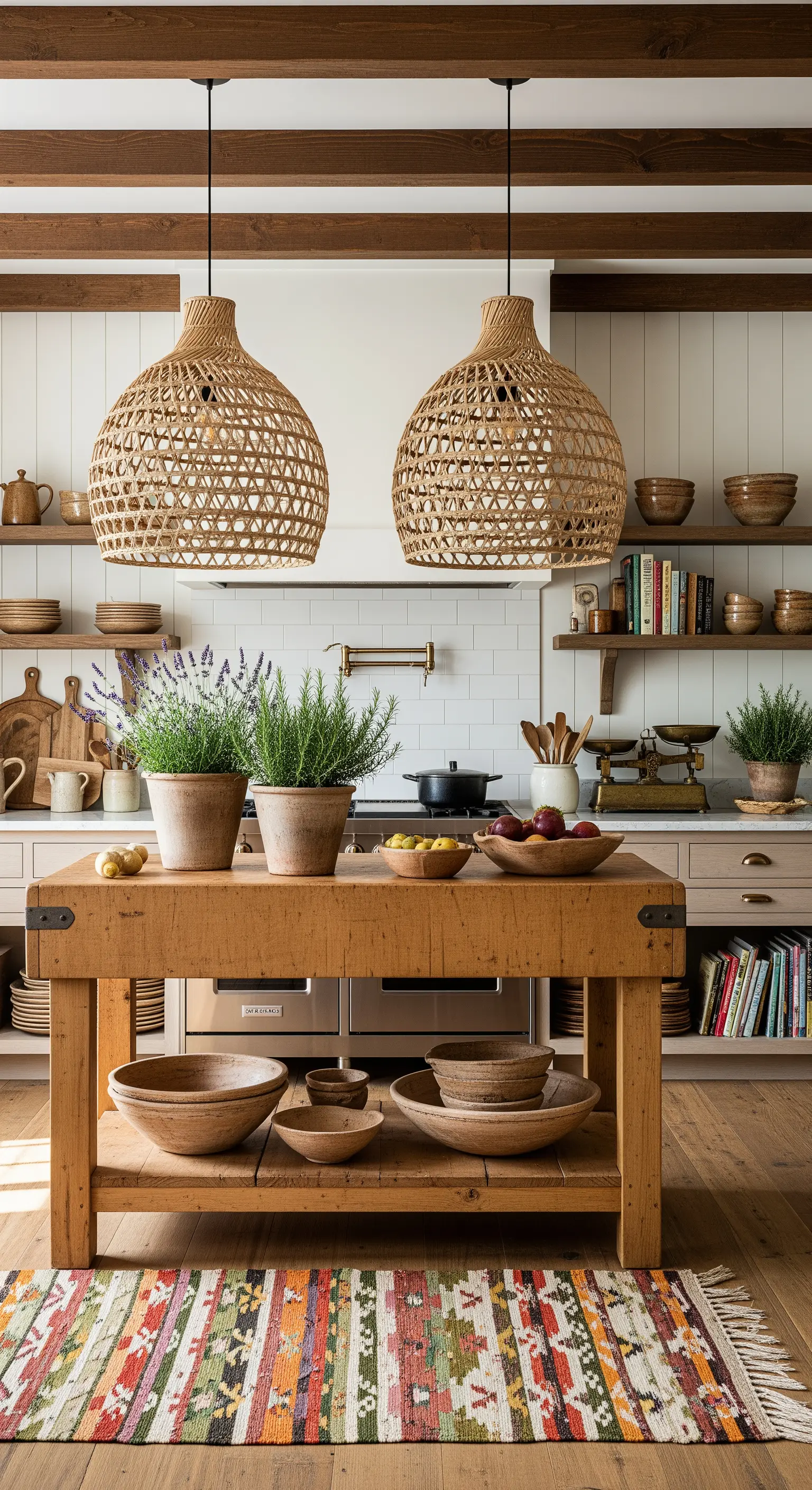 Woven-Pendelleuchten, Holzinsel und Kräutertöpfe in rustikaler Küche