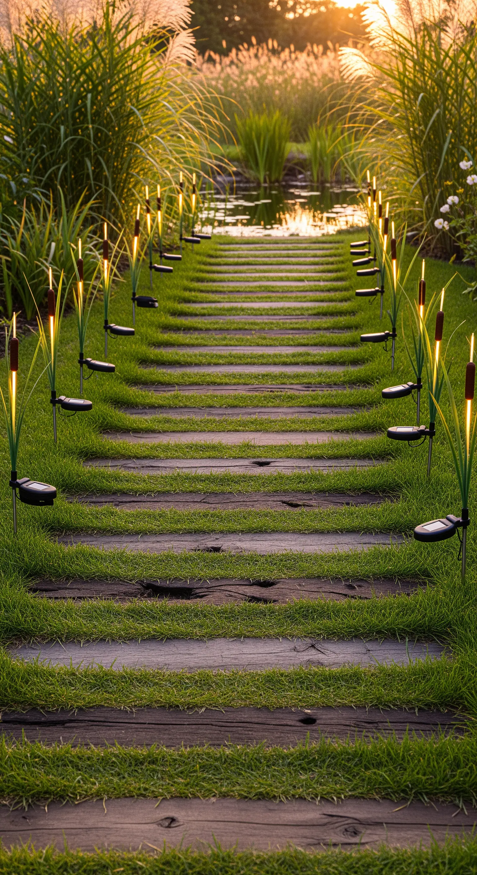 Solarleuchten in Form von Schilfkolben entlang eines Holzplankenwegs im Gras.