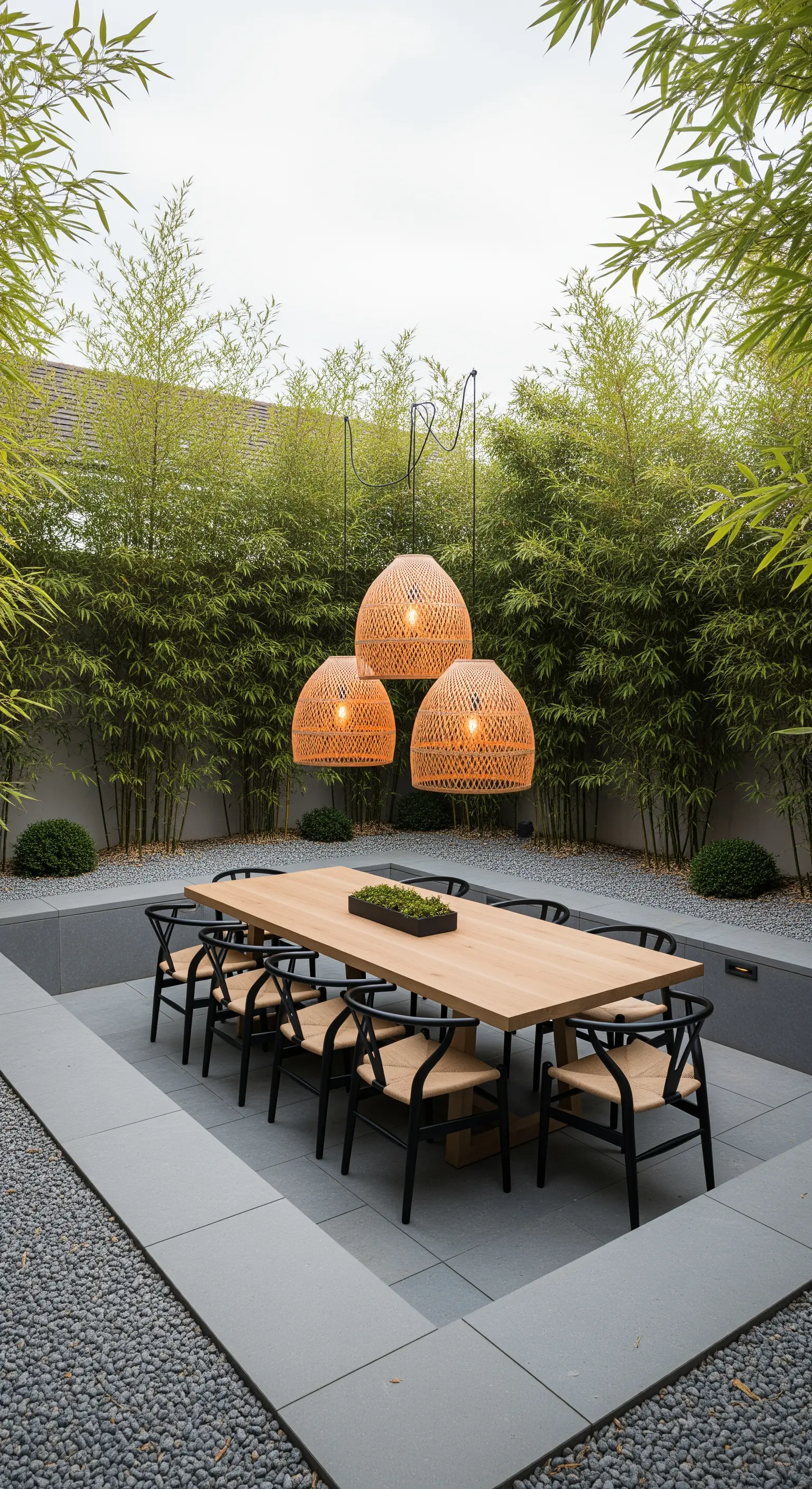 Japandi Esstisch mit Rattanlampen und Bambus als Hintergrund