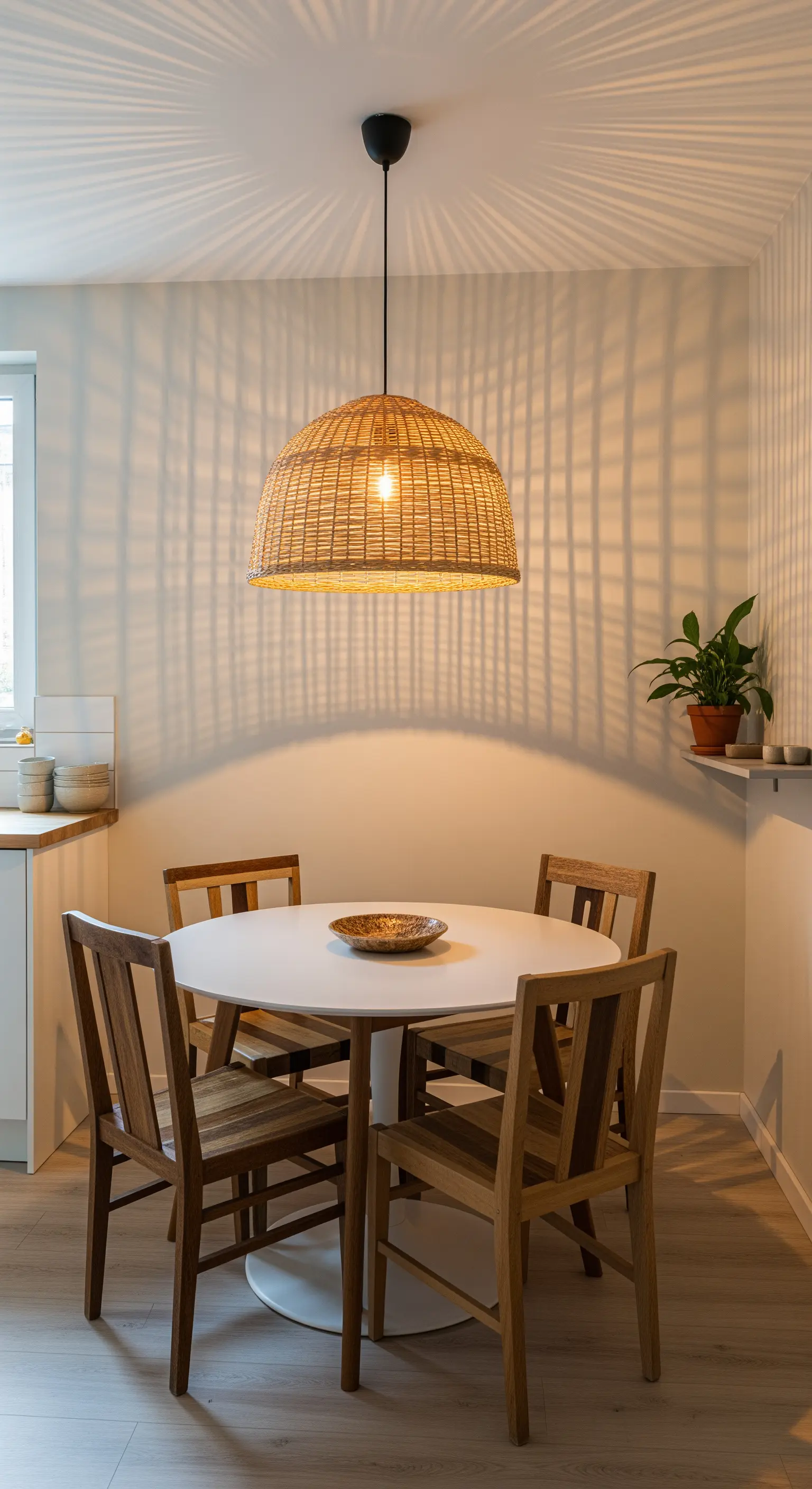 Essbereich mit runder Rattan-Pendelleuchte, weißem Tisch und Holzstühlen.