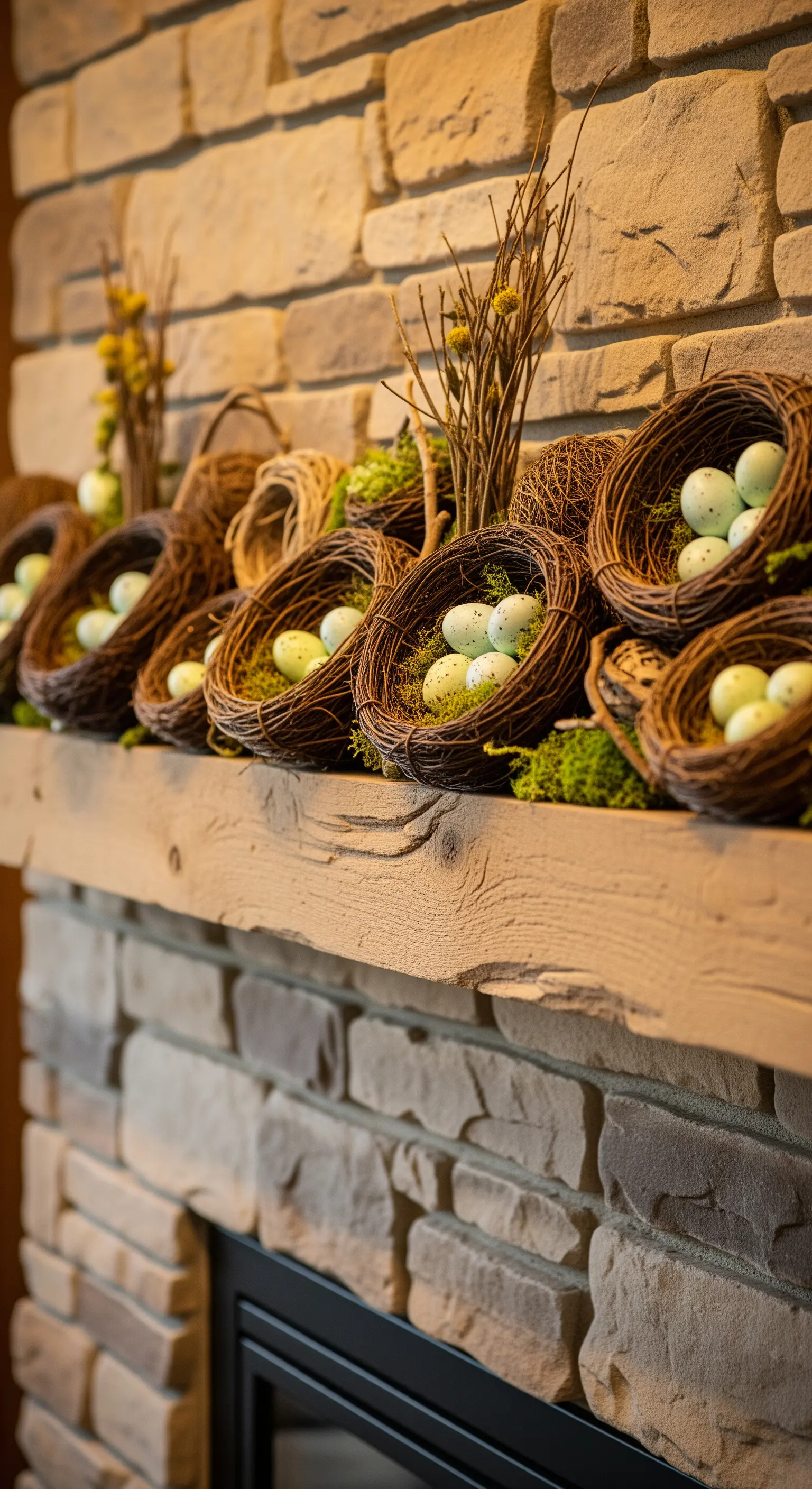 Sammlung von kleinen Vogelnestern mit Eiern auf einem rustikalen Holzkamin.