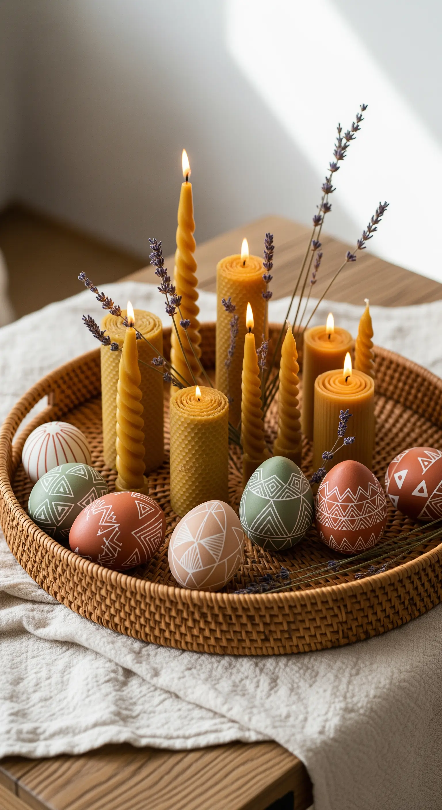 Rattantablett mit Bienenwachskerzen, terrakottafarbenen Eiern und Lavendelzweigen.